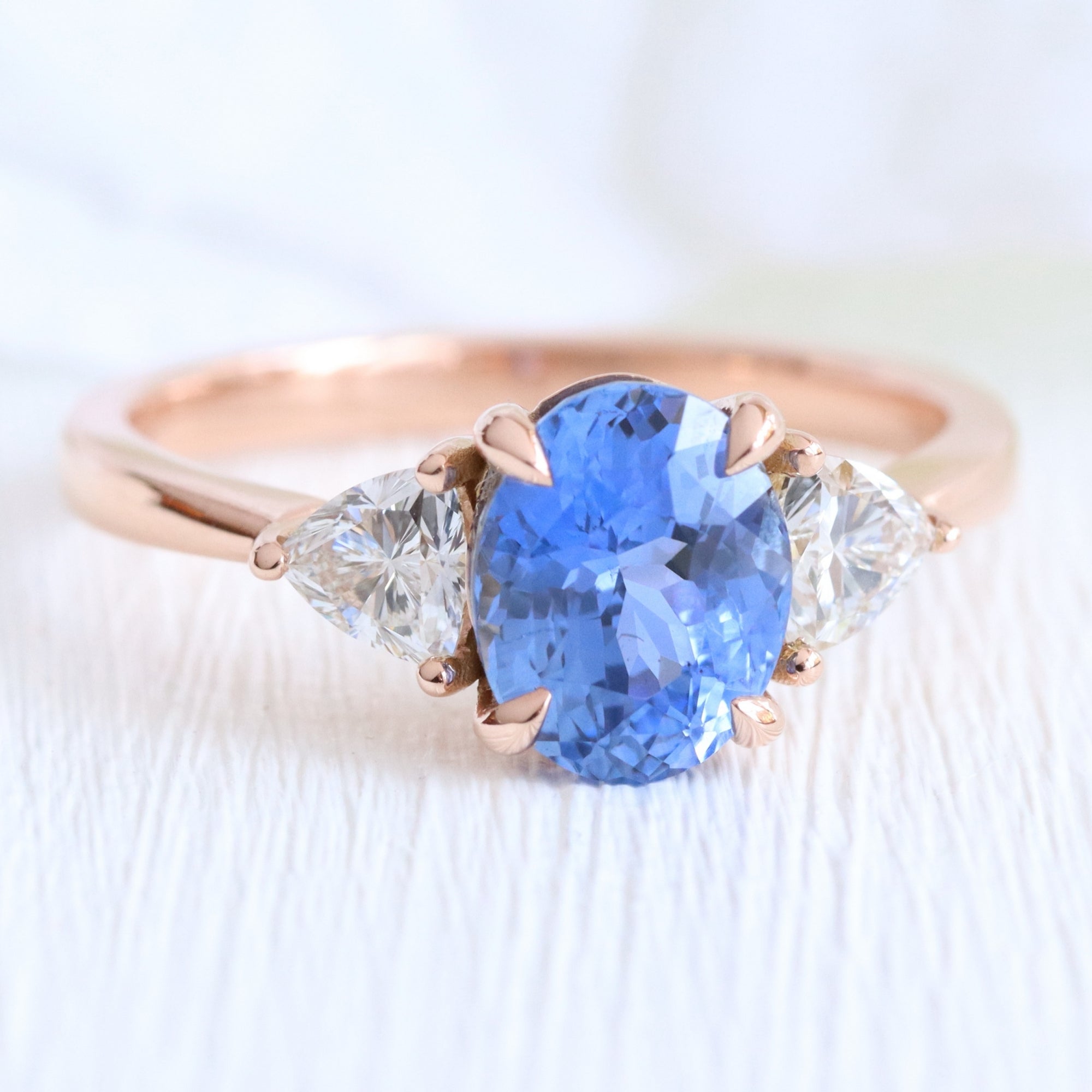 Oval Ceylon blue sapphire ring rose gold 3 stone diamond ring la more design jewelry