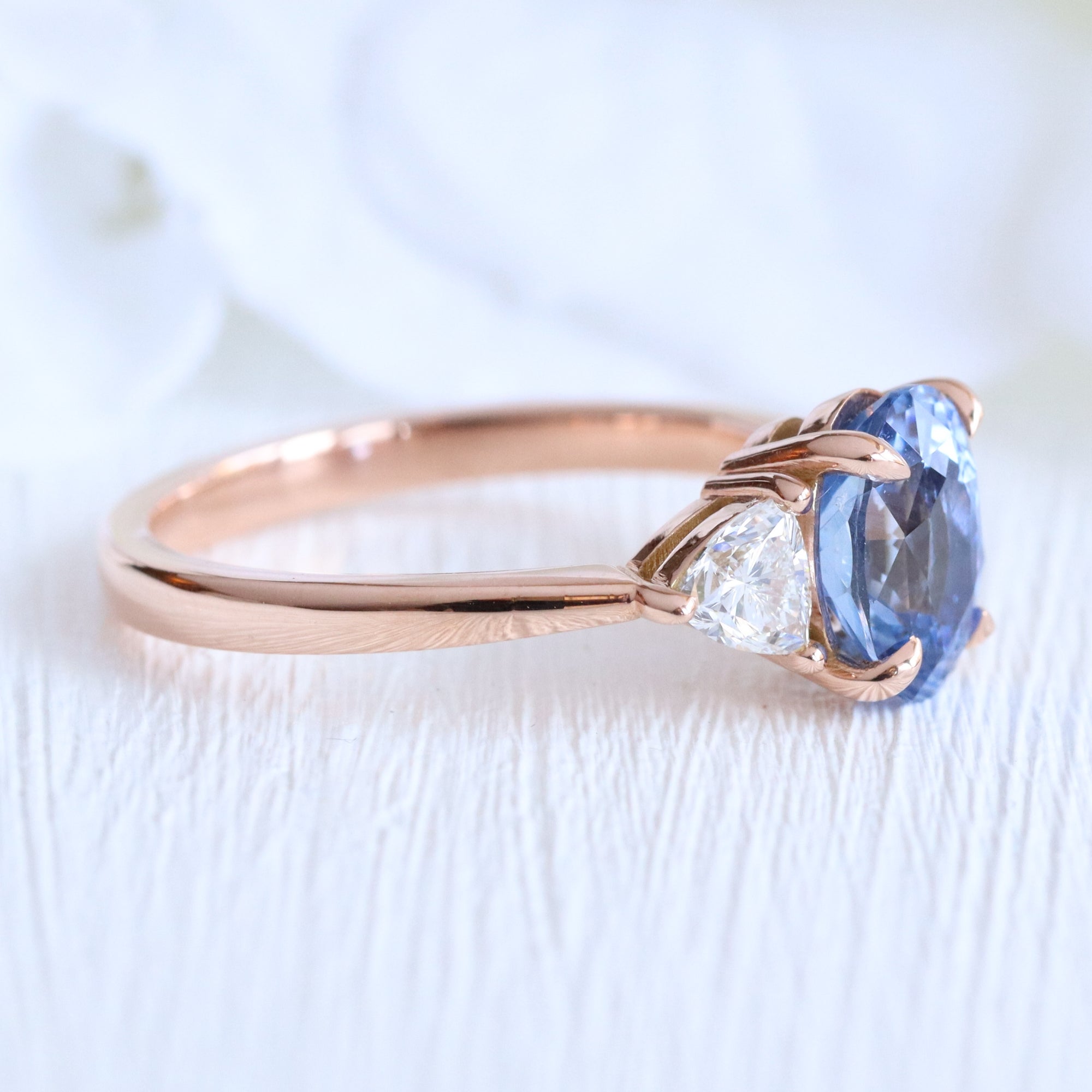 Oval Ceylon blue sapphire ring rose gold 3 stone diamond ring la more design jewelry