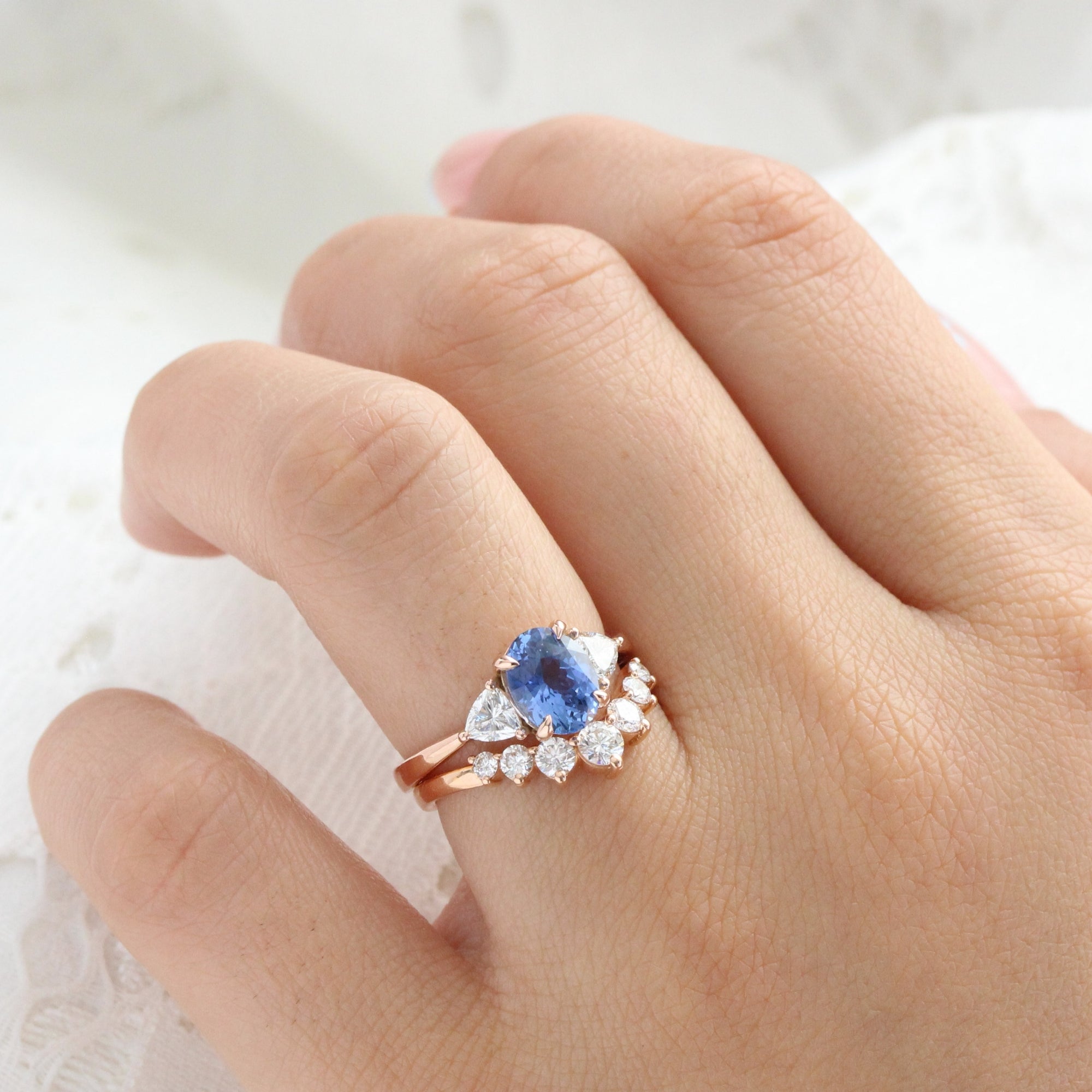 Oval Ceylon blue sapphire ring rose gold 3 stone diamond ring la more design jewelry