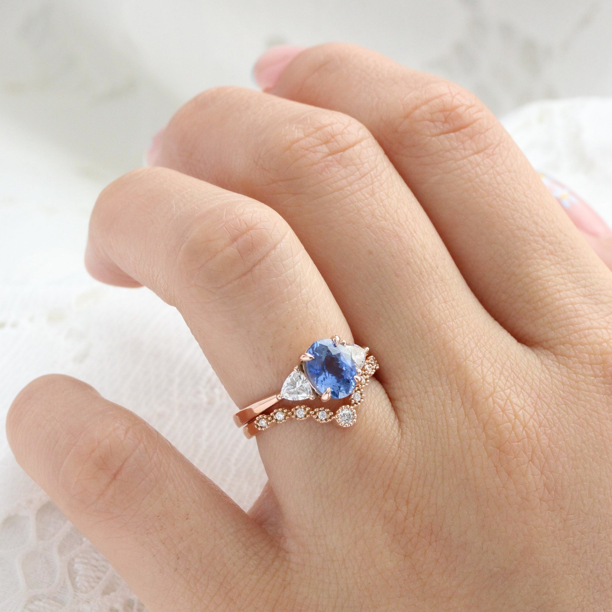 Oval Ceylon blue sapphire ring rose gold 3 stone diamond ring la more design jewelry