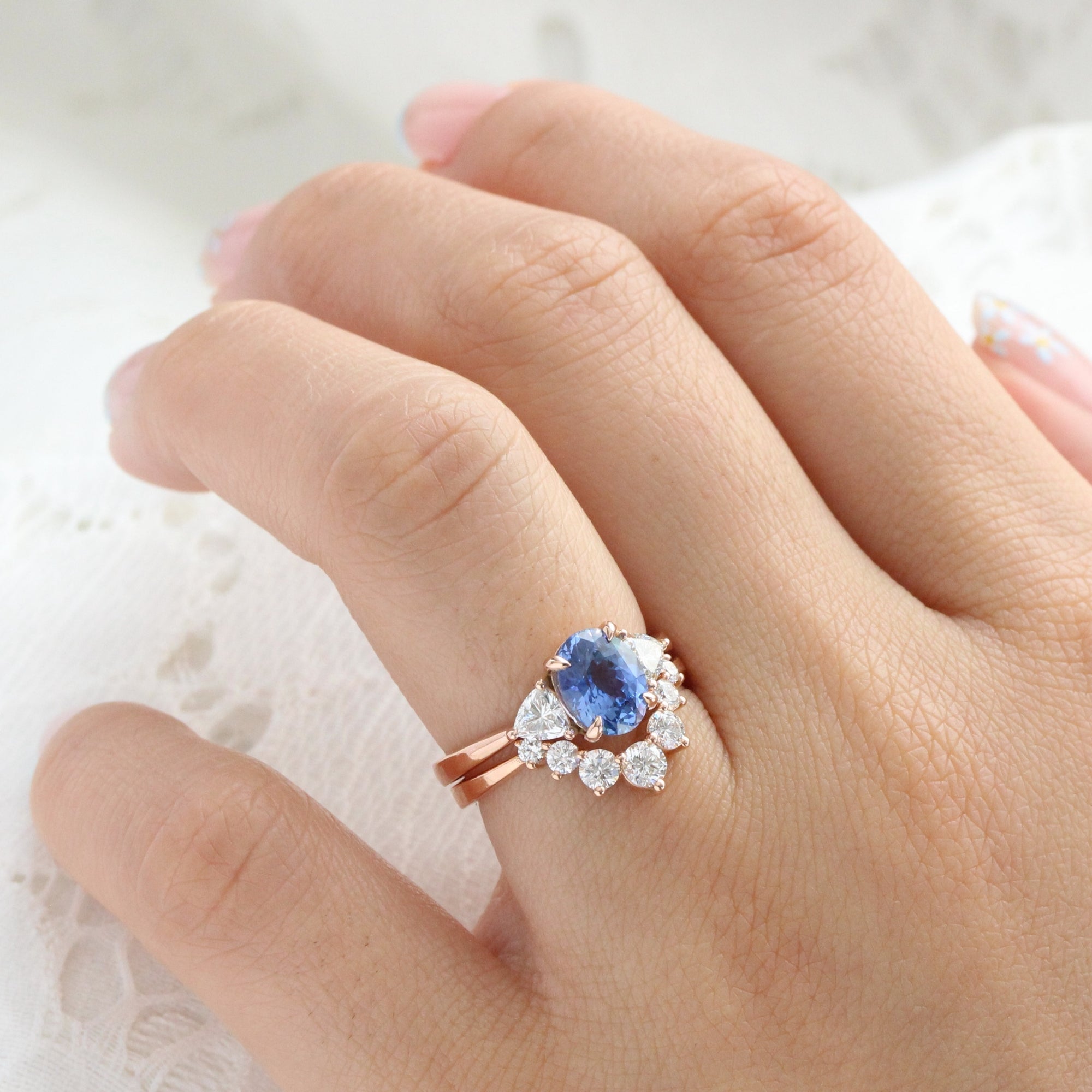 Oval Ceylon blue sapphire ring rose gold 3 stone diamond ring la more design jewelry