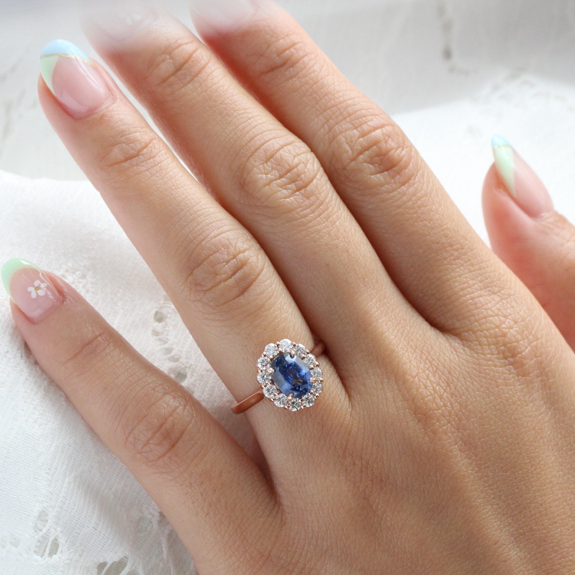 Oval Ceylon blue sapphire ring rose gold large diamond halo sapphire ring la more design jewelry