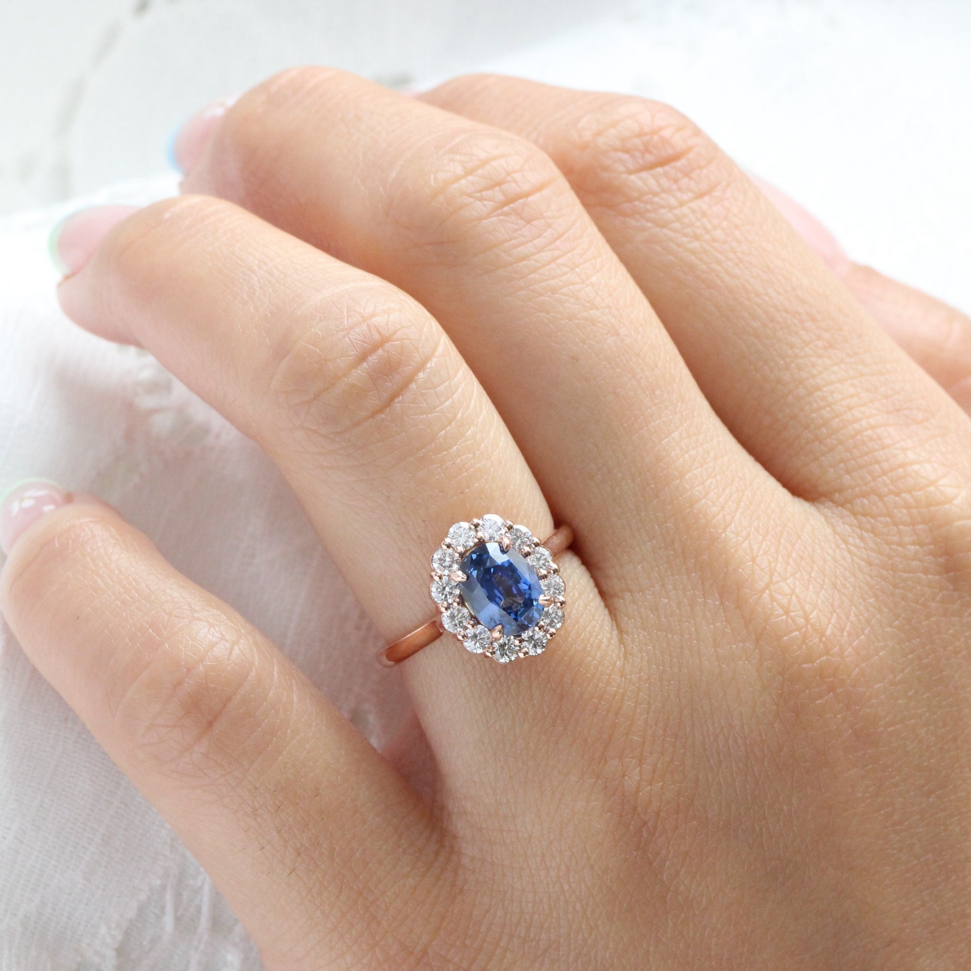 Oval Ceylon blue sapphire ring rose gold large diamond halo sapphire ring la more design jewelry