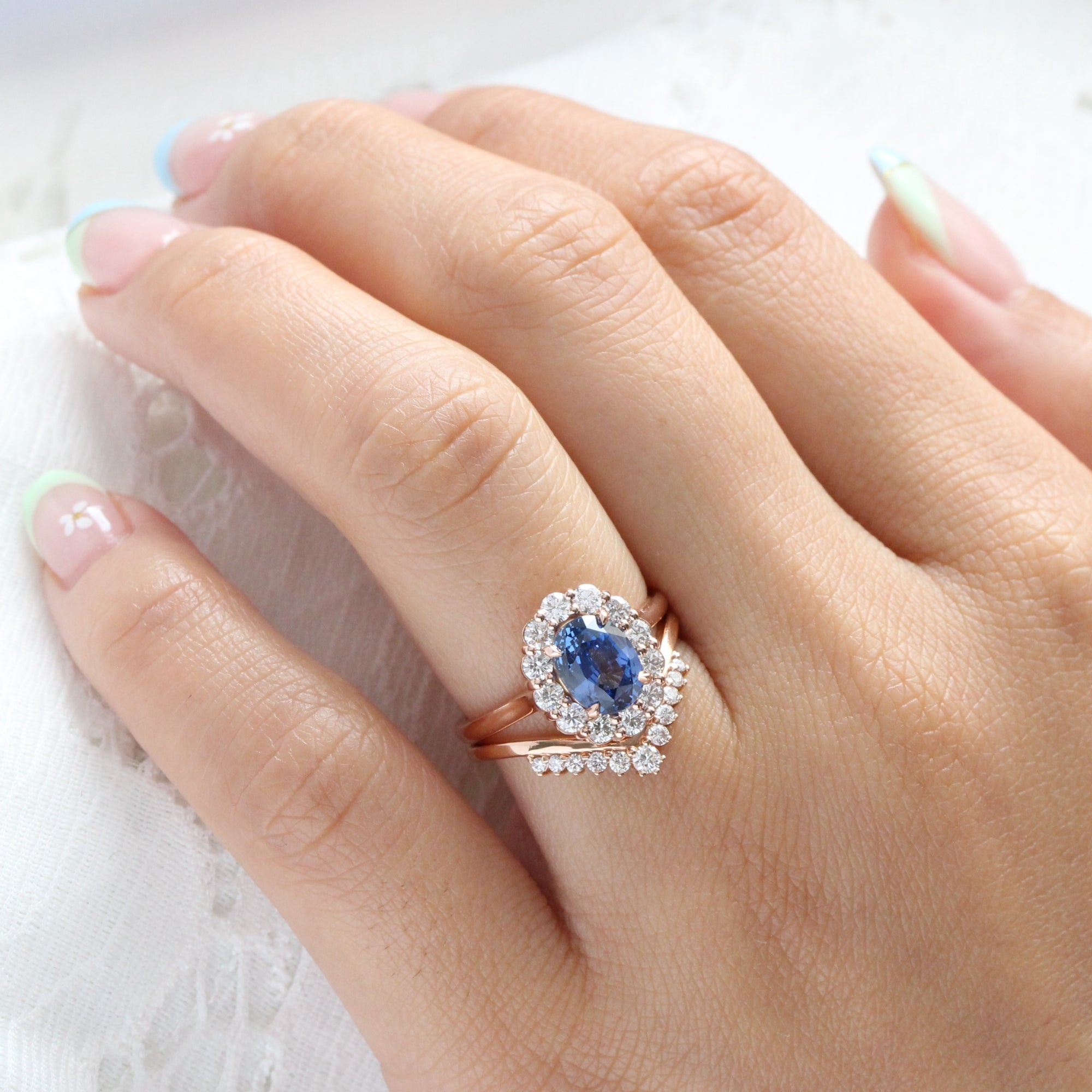 Oval Ceylon blue sapphire ring rose gold large diamond halo sapphire ring la more design jewelry