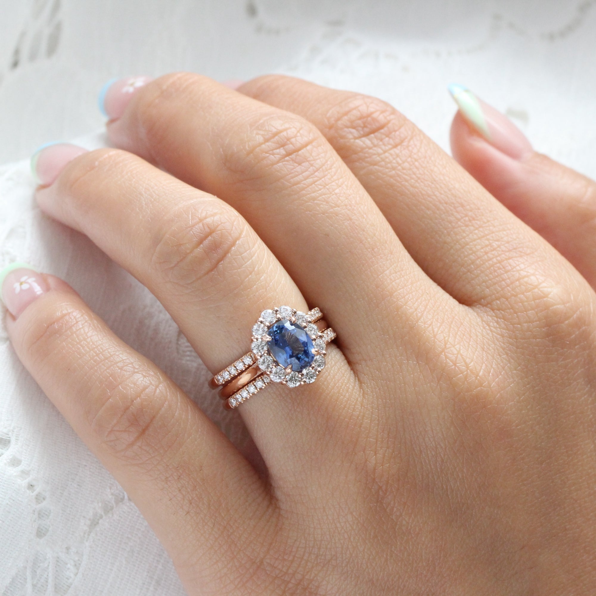 Oval Ceylon blue sapphire ring rose gold large diamond halo sapphire ring la more design jewelry