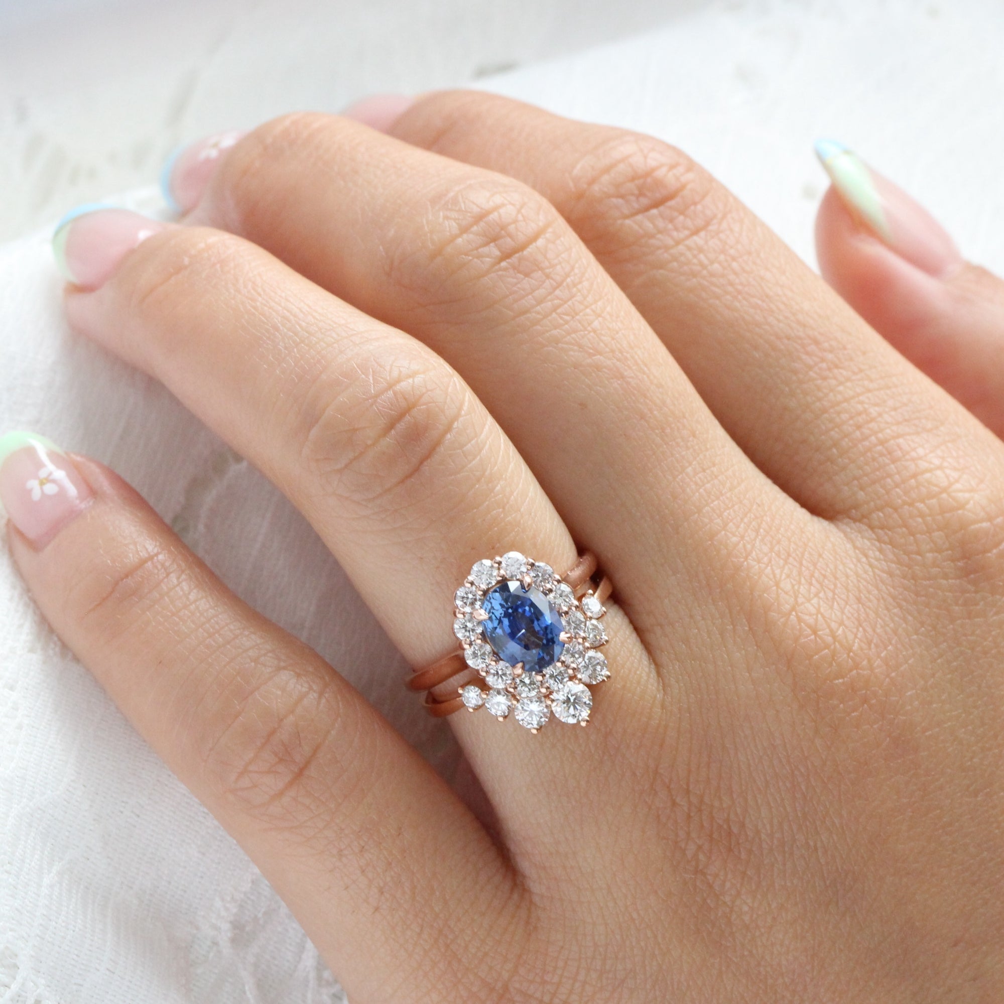 Oval Ceylon blue sapphire ring rose gold large diamond halo sapphire ring la more design jewelry