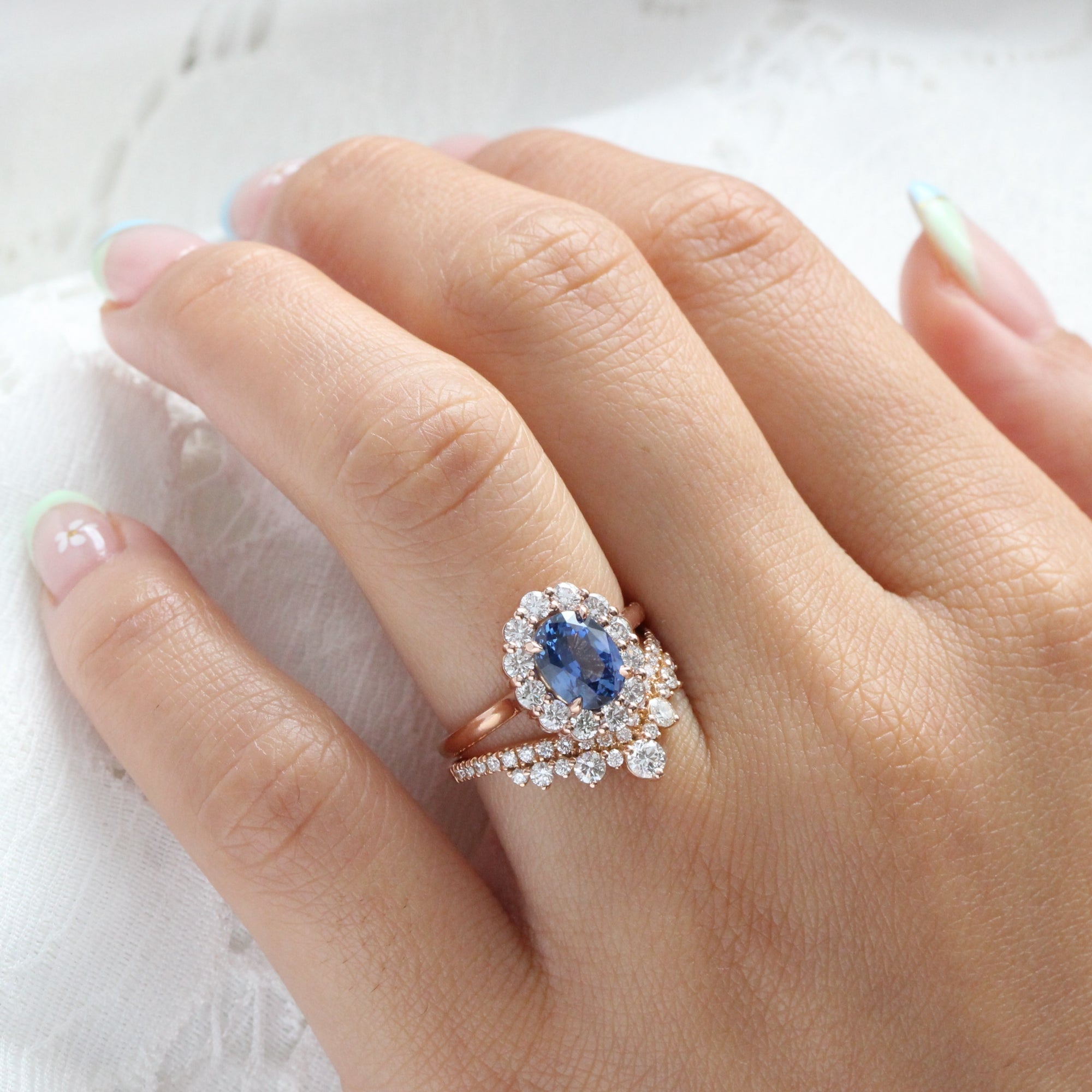 Oval Ceylon blue sapphire ring rose gold large diamond halo sapphire ring la more design jewelry