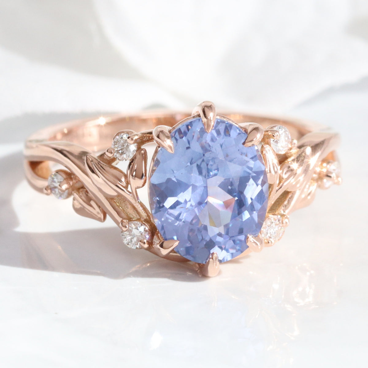 Oval aqua blue sapphire ring rose gold floral leaf diamond sapphire solitaire ring la more design jewelry