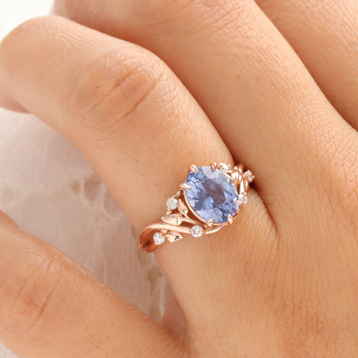 Oval aqua blue sapphire ring rose gold floral leaf diamond sapphire solitaire ring la more design jewelry