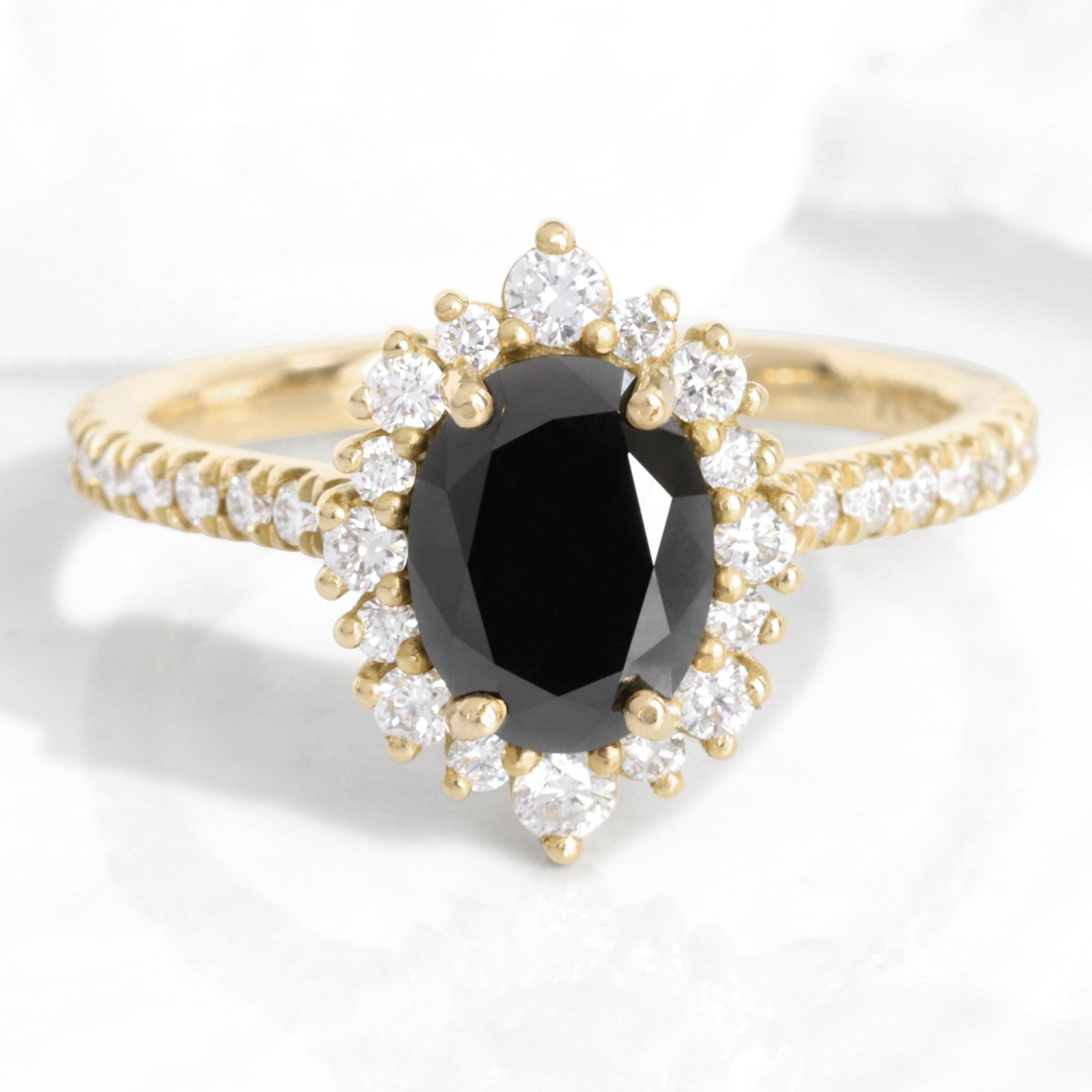 Oval black diamond engagement ring yellow gold black halo diamond ring la more design jewelry