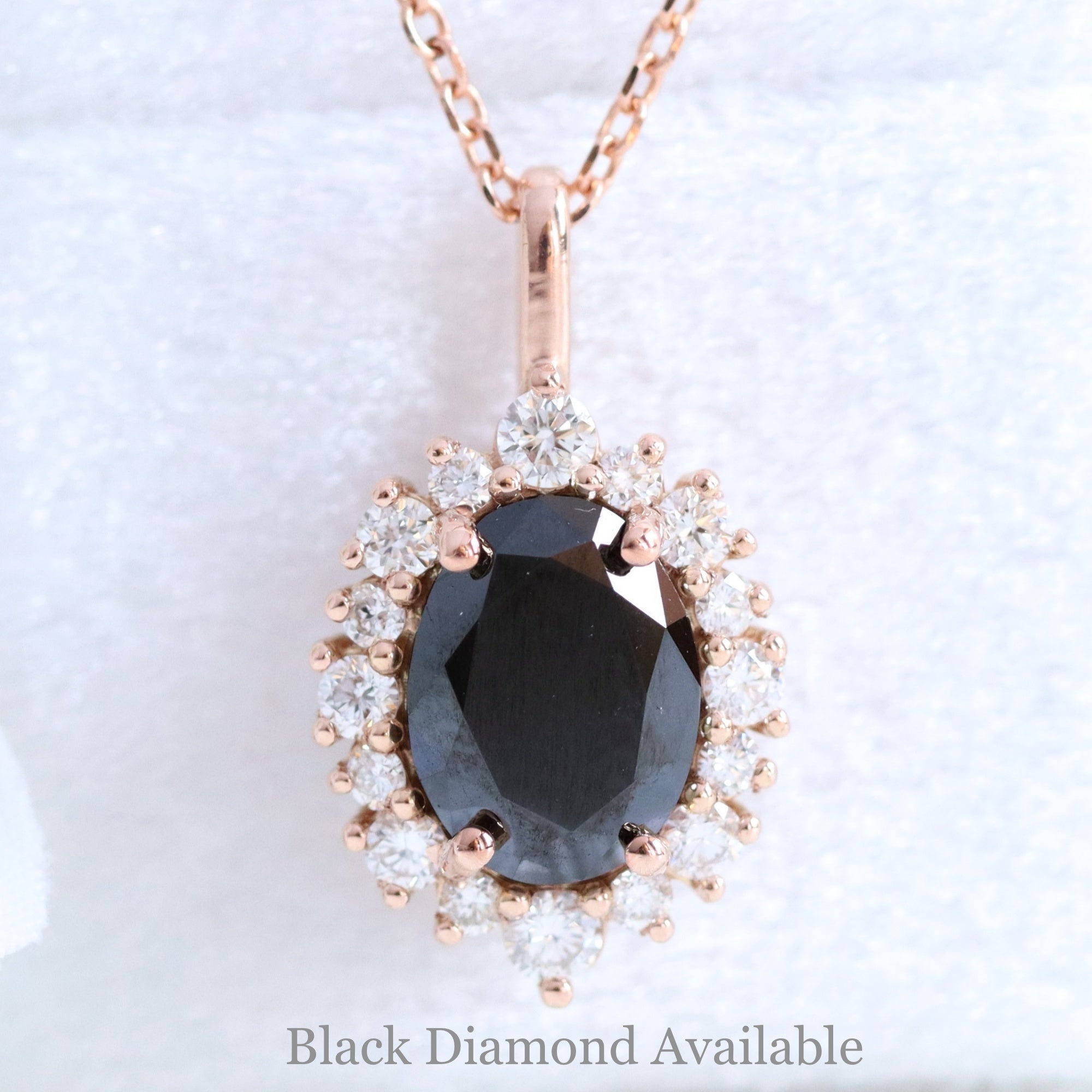 Oval black diamond necklace rose gold halo style black diamond drop pendant necklace la more design jewelry