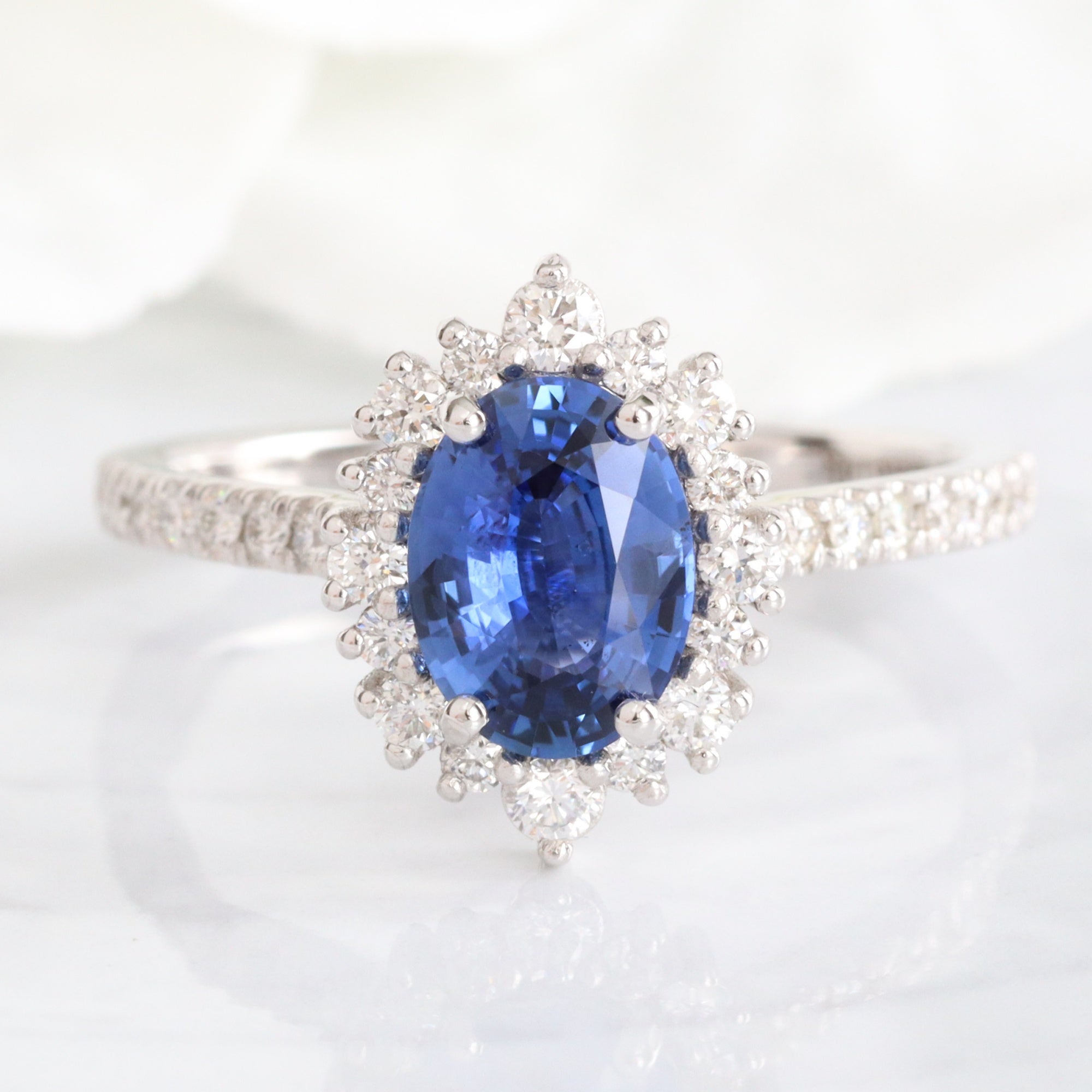 Oval blue sapphire engagement ring white gold halo diamond sapphire ring la more design jewelry