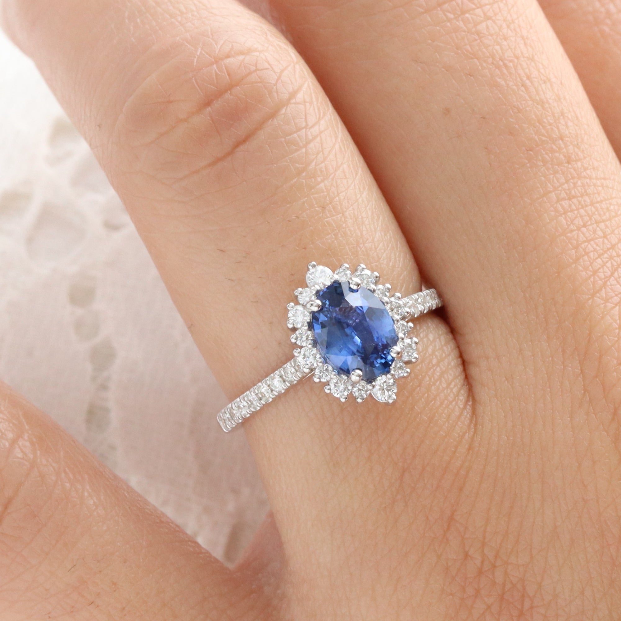 Oval blue sapphire engagement ring white gold halo diamond sapphire ring la more design jewelry