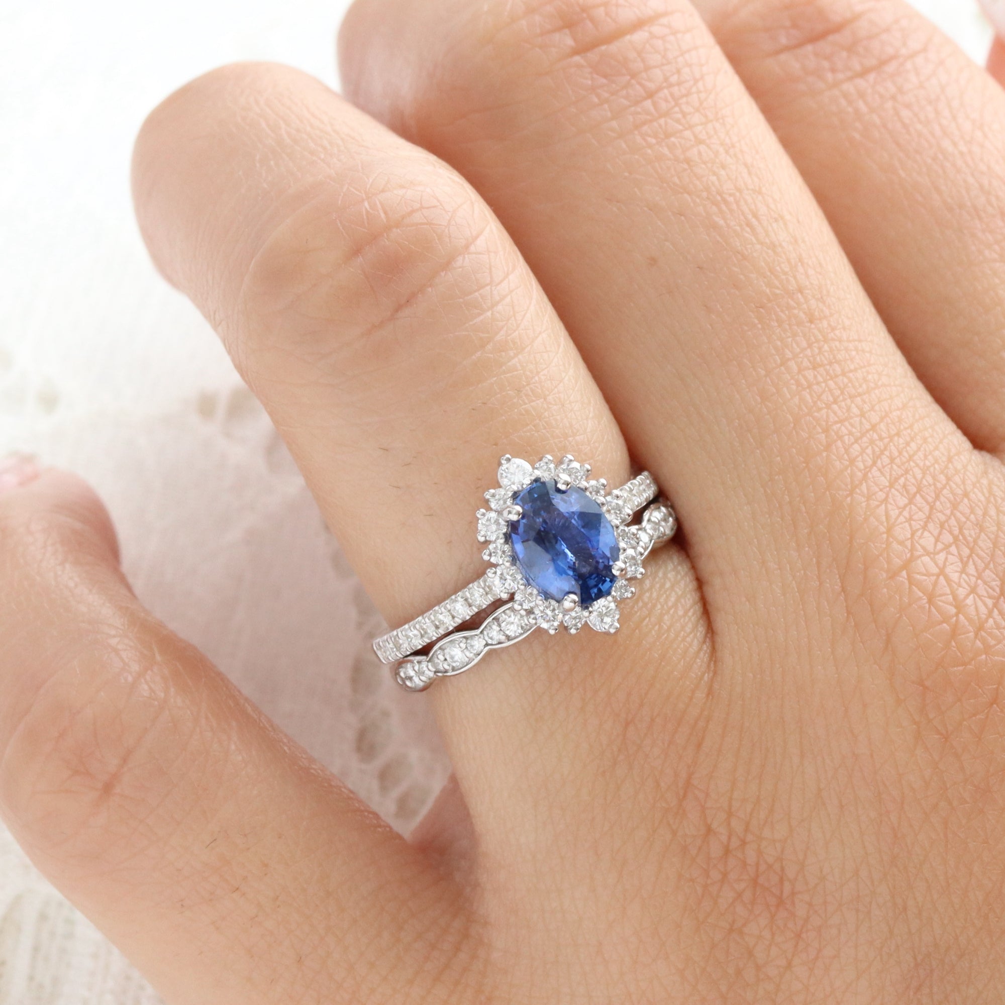 Oval blue sapphire engagement ring white gold halo diamond sapphire ring la more design jewelry