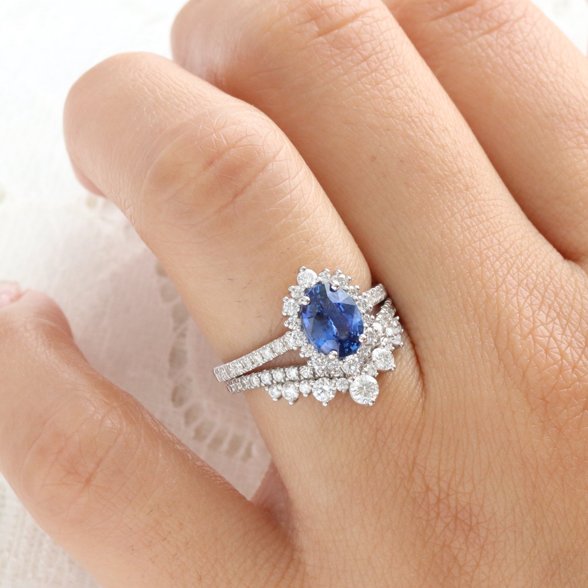 Oval blue sapphire engagement ring white gold halo diamond sapphire ring la more design jewelry