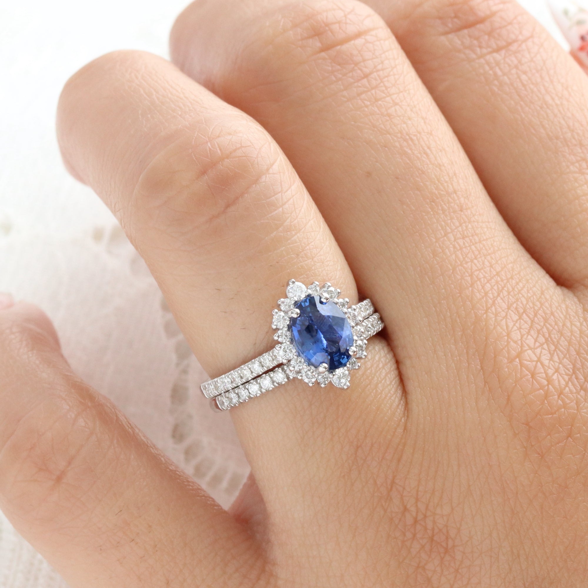 Oval blue sapphire engagement ring white gold halo diamond sapphire ring la more design jewelry