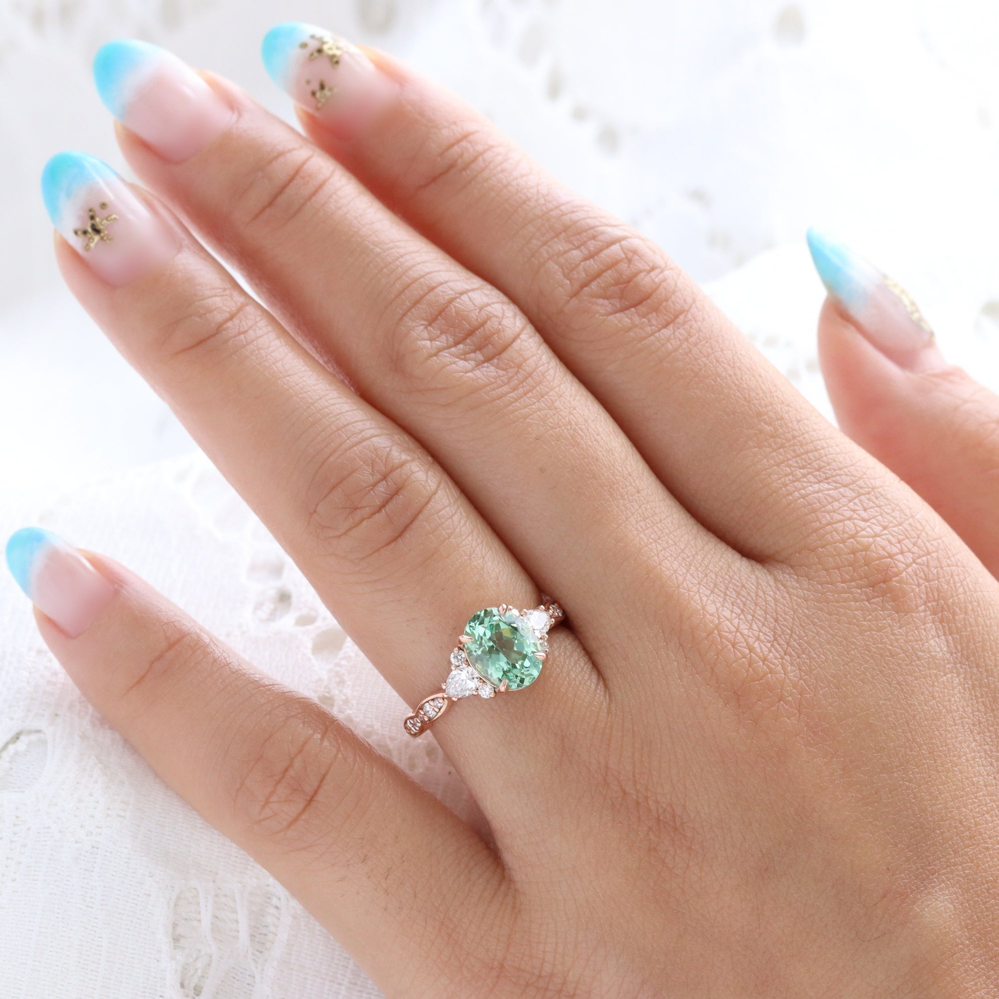 Oval green sapphire 3 stone engagement ring rose gold teal green sapphire cluster ring la more design jewelry