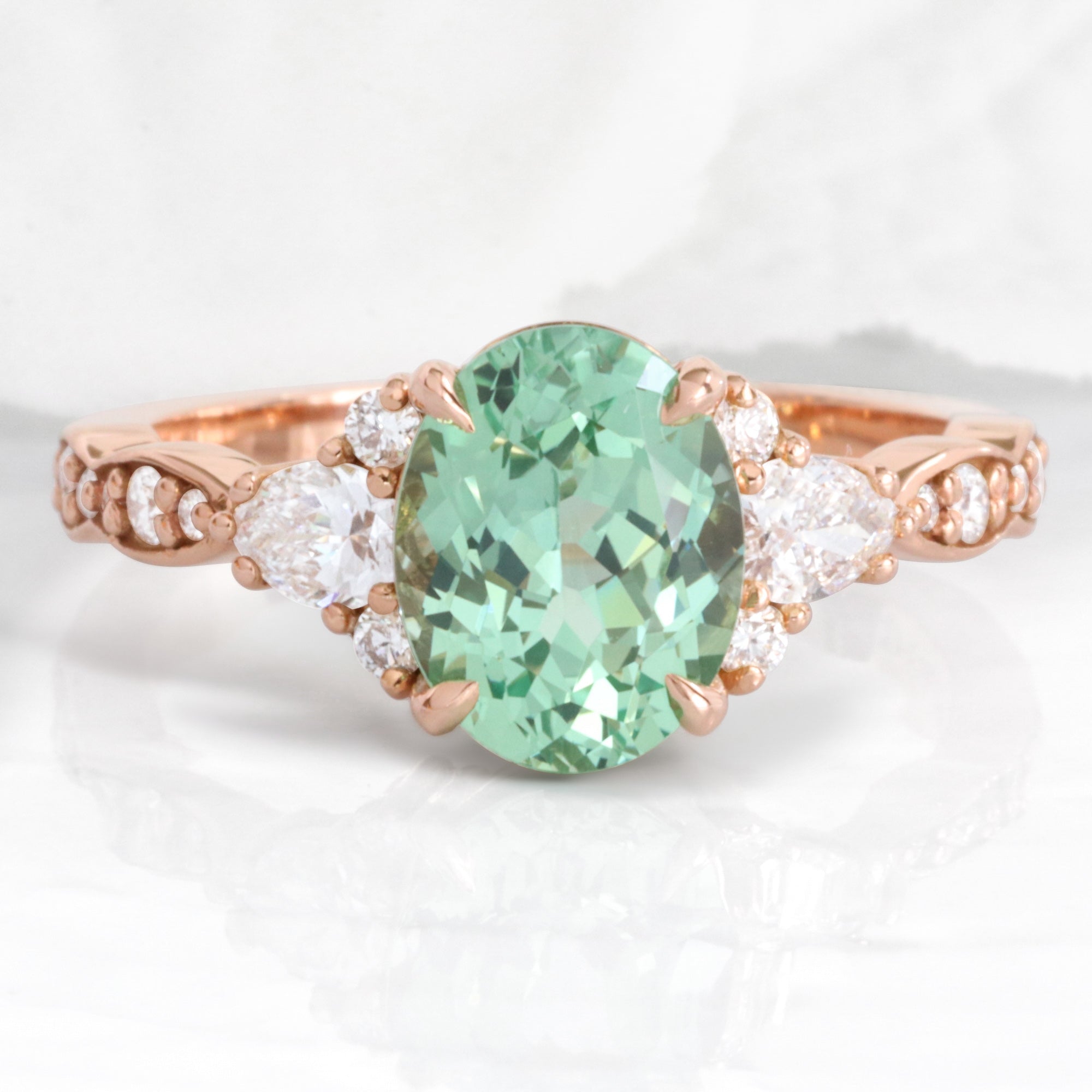 Oval green sapphire 3 stone engagement ring rose gold teal green sapphire cluster ring la more design jewelry