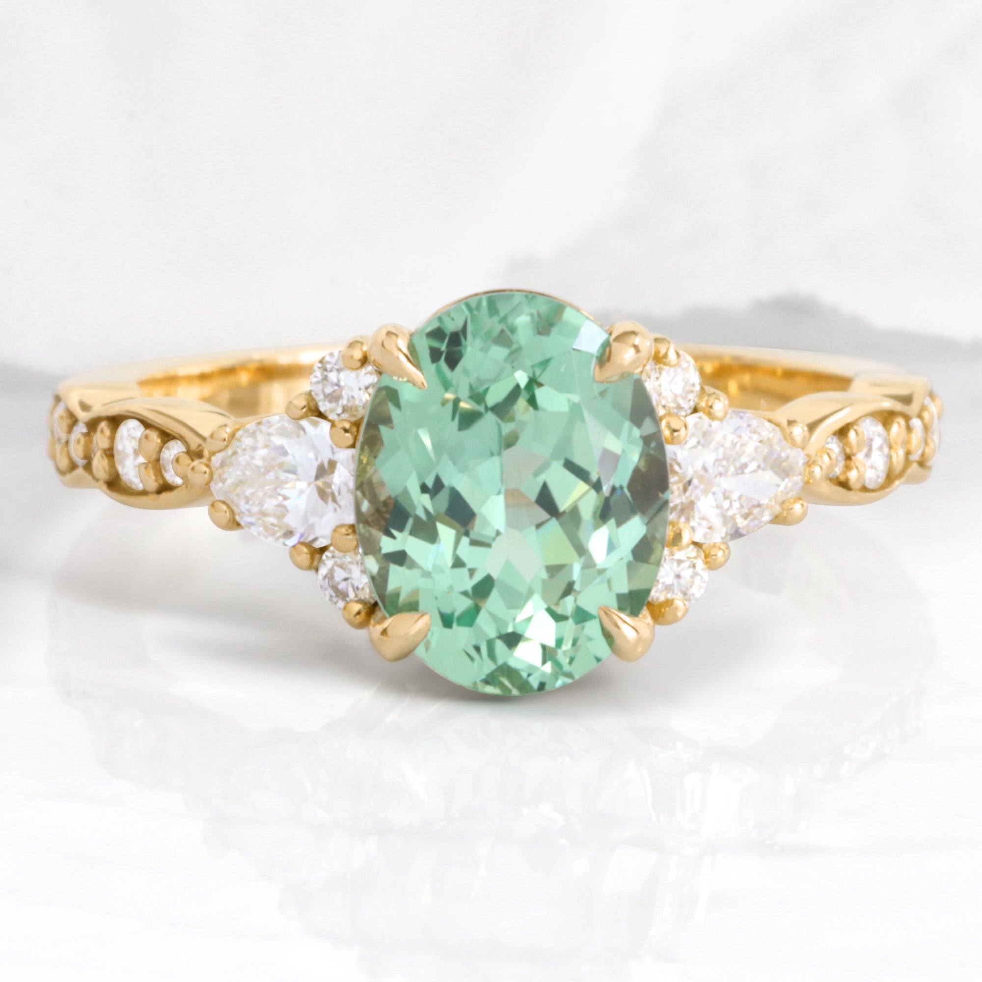 Oval green sapphire 3 stone engagement ring yellow gold teal green sapphire cluster ring la more design jewelry