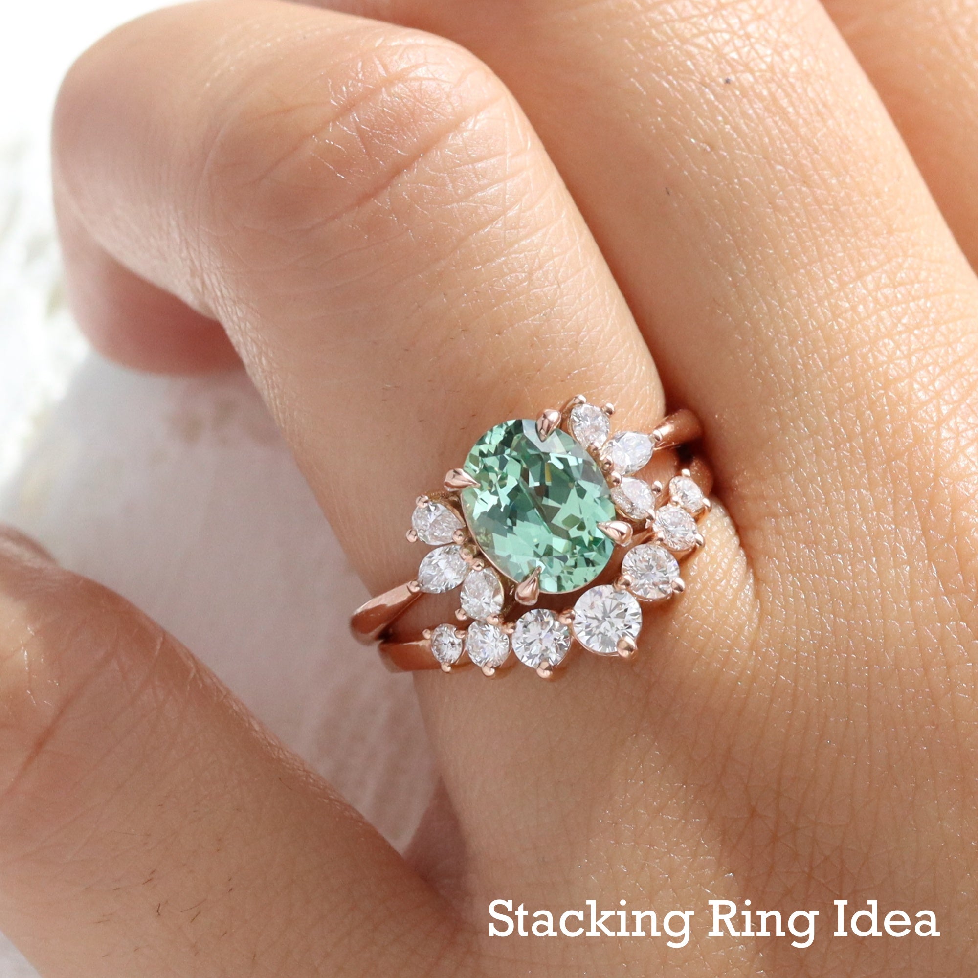 Green sapphire 3stone ring bridal set rose gold oval green sapphire and diamond ring stack la more design jewelry