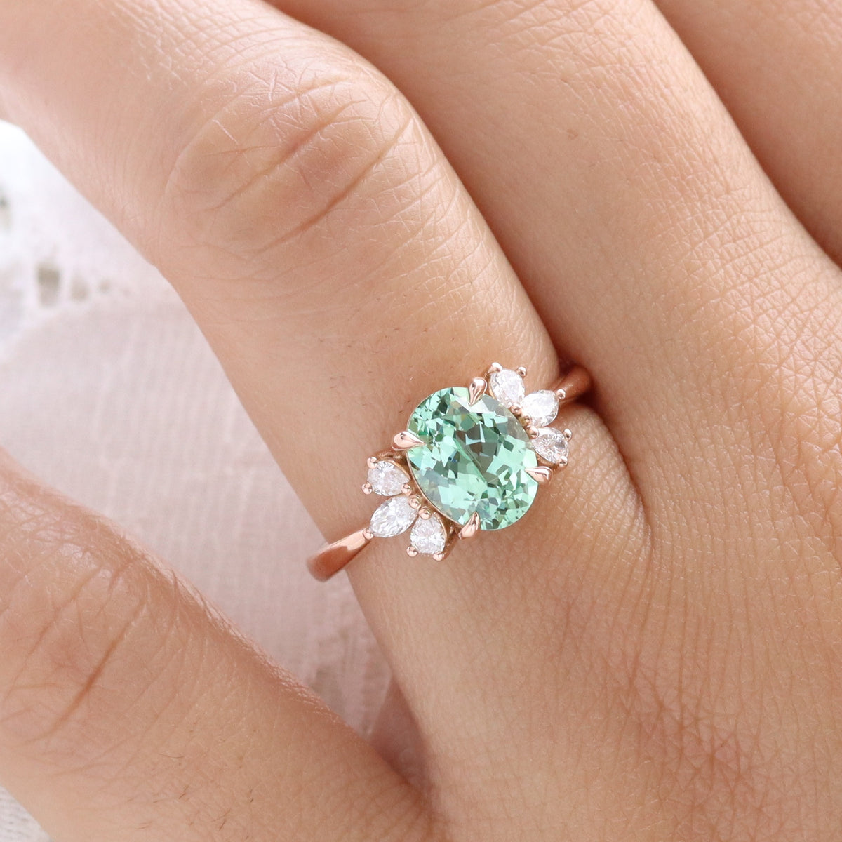 Oval green sapphire 3 stone ring rose gold teal green sapphire cluster ring la more design jewelry