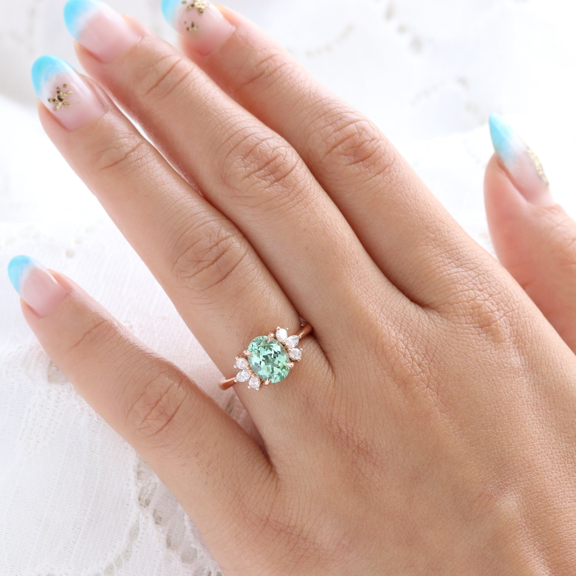 Oval green sapphire 3 stone ring rose gold teal green sapphire cluster ring la more design jewelry