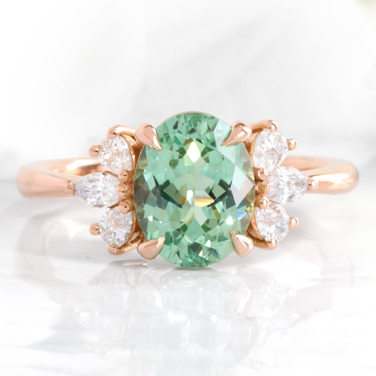 Oval green sapphire 3 stone ring rose gold teal green sapphire cluster ring la more design jewelry