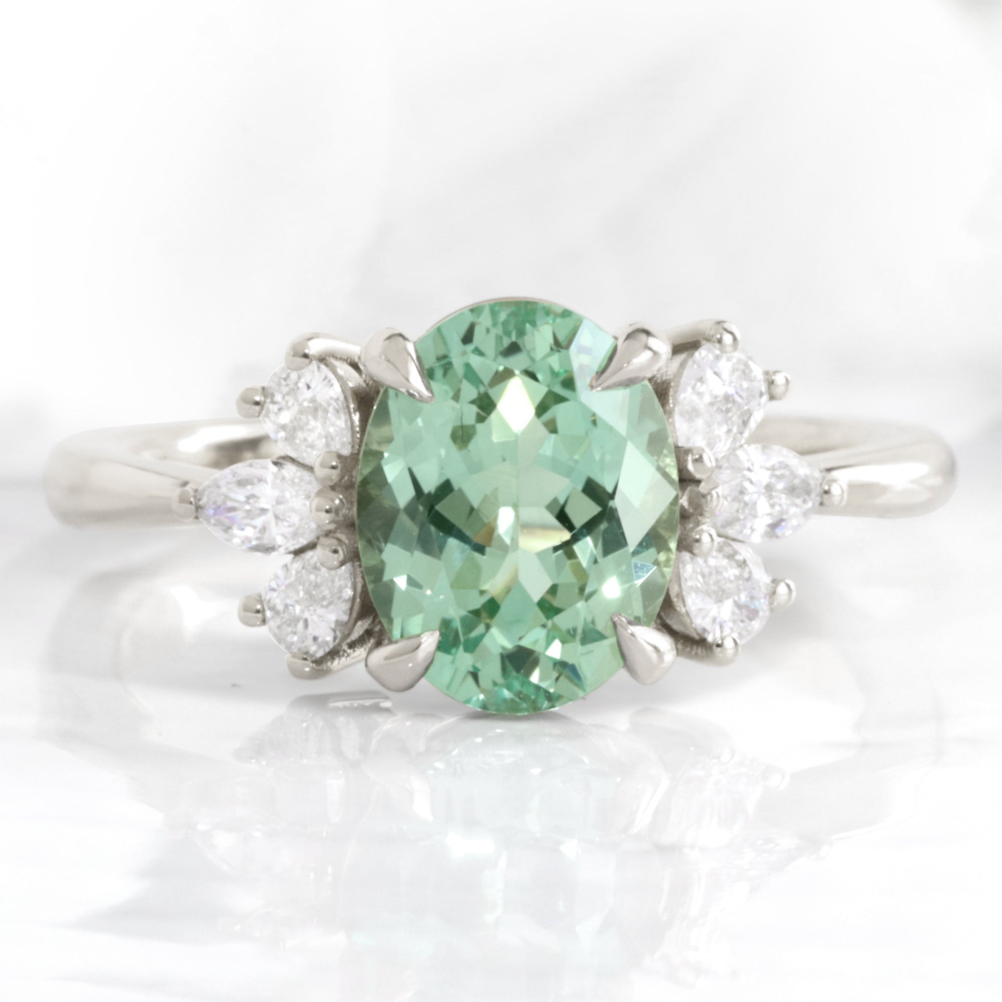 Oval green sapphire 3 stone ring white gold teal green sapphire cluster ring la more design jewelry