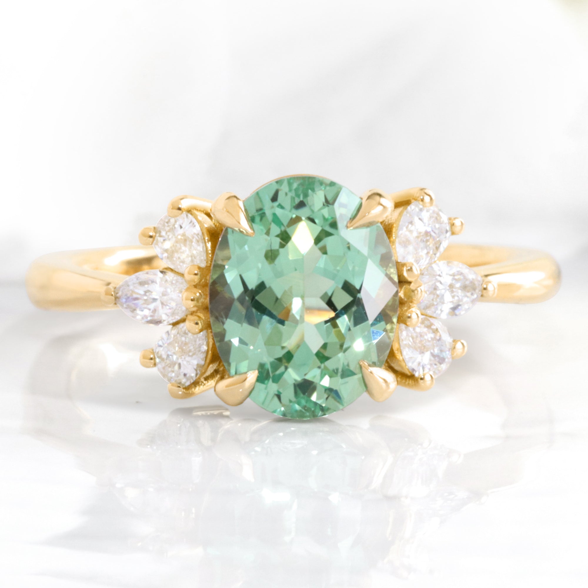 Oval green sapphire 3 stone ring yellow gold teal green sapphire cluster ring la more design jewelry