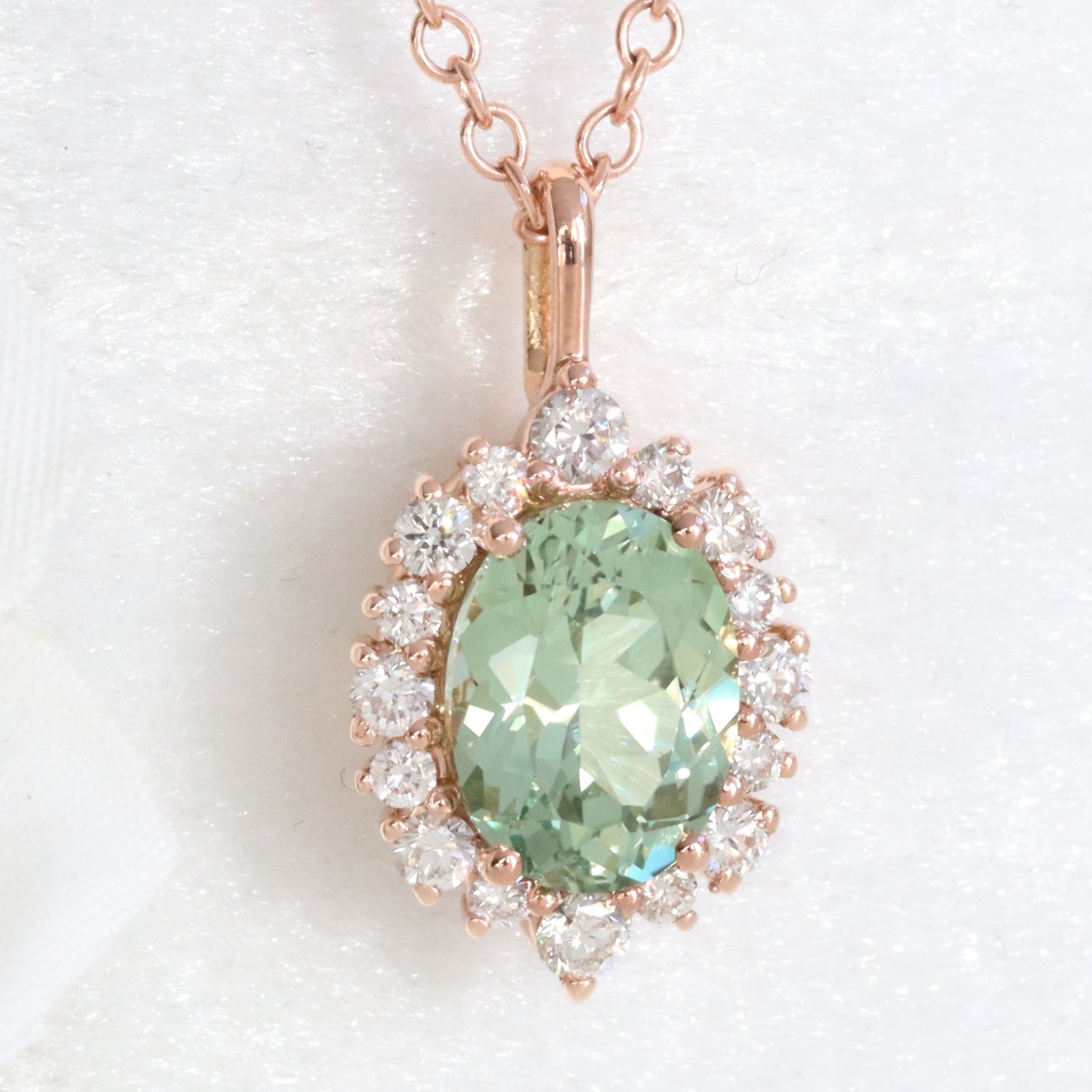 Oval green sapphire necklace rose gold seafoam green sapphire halo diamond drop pendant necklace la more design jewelry