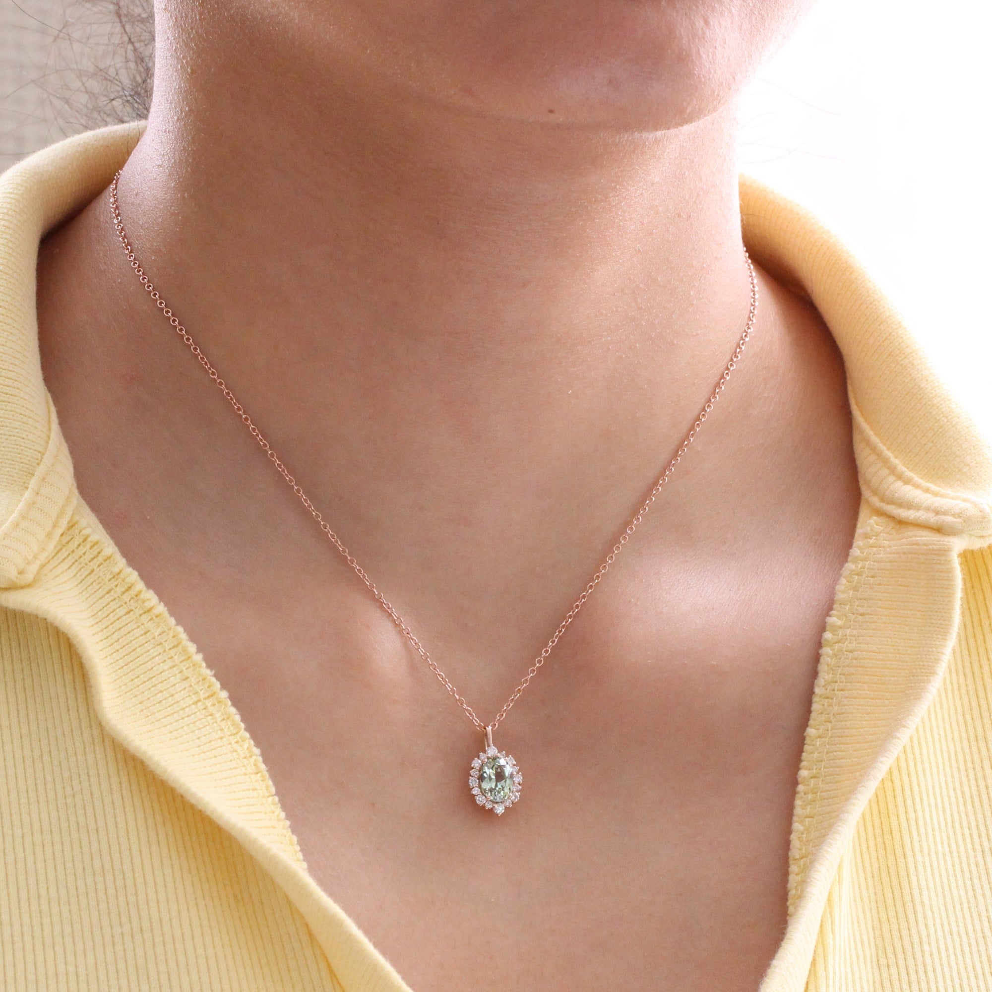 Oval green sapphire necklace rose gold seafoam green sapphire halo diamond drop pendant necklace la more design jewelry