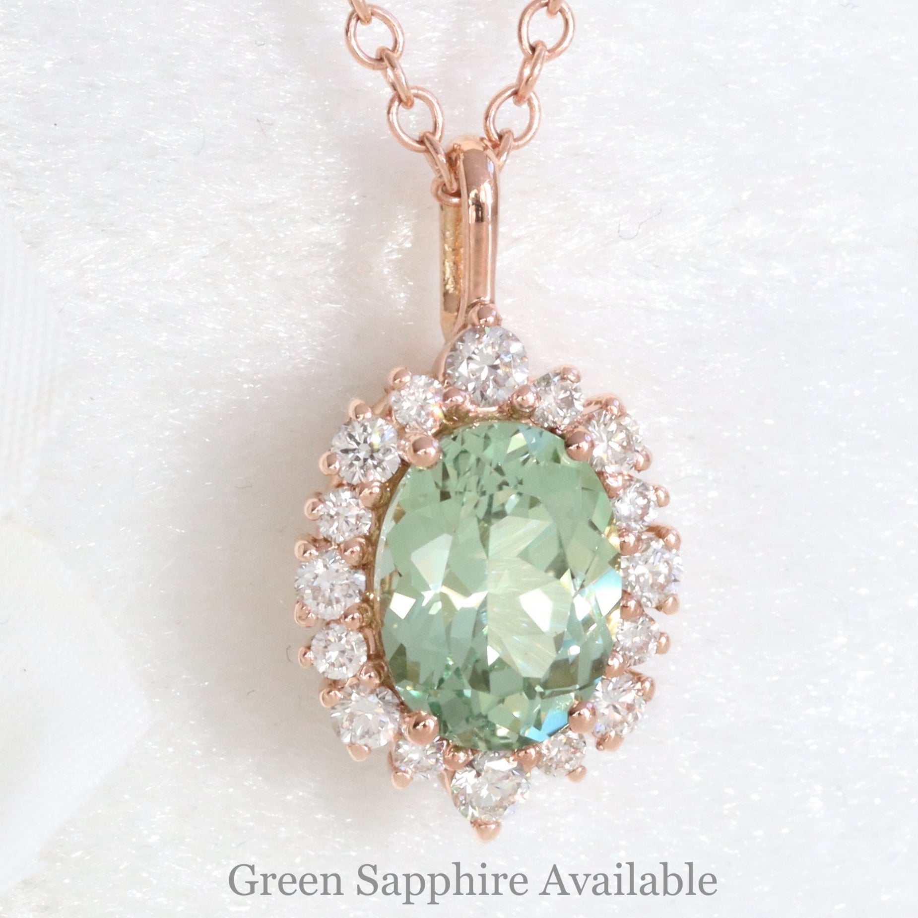 Oval green sapphire necklace rose gold seafoam green sapphire halo diamond drop pendant necklace la more design jewelry