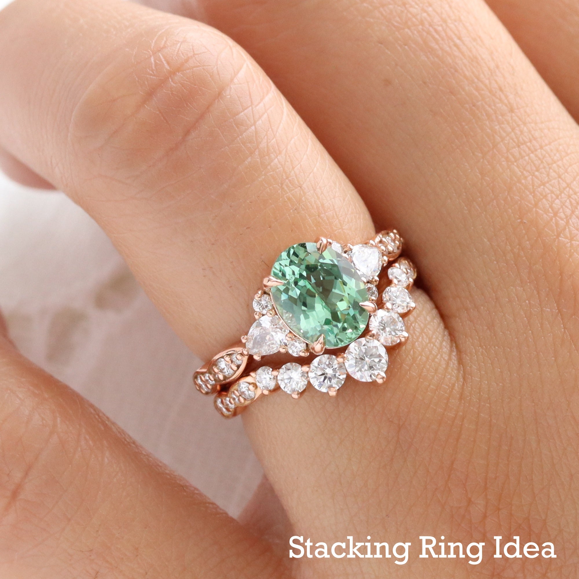 Oval green sapphire ring bridal set rose gold 3 stone sapphire and diamond ring stack la more design jewelry