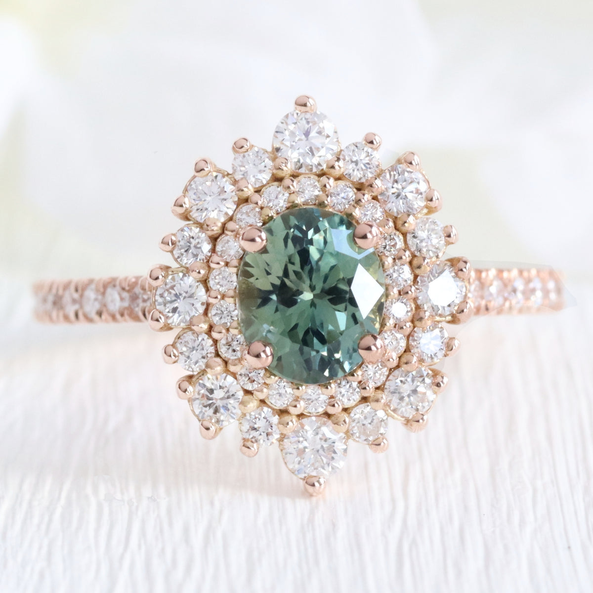 Oval teal green sapphire pave ring rose gold double halo diamond engagement ring la more design jewelry