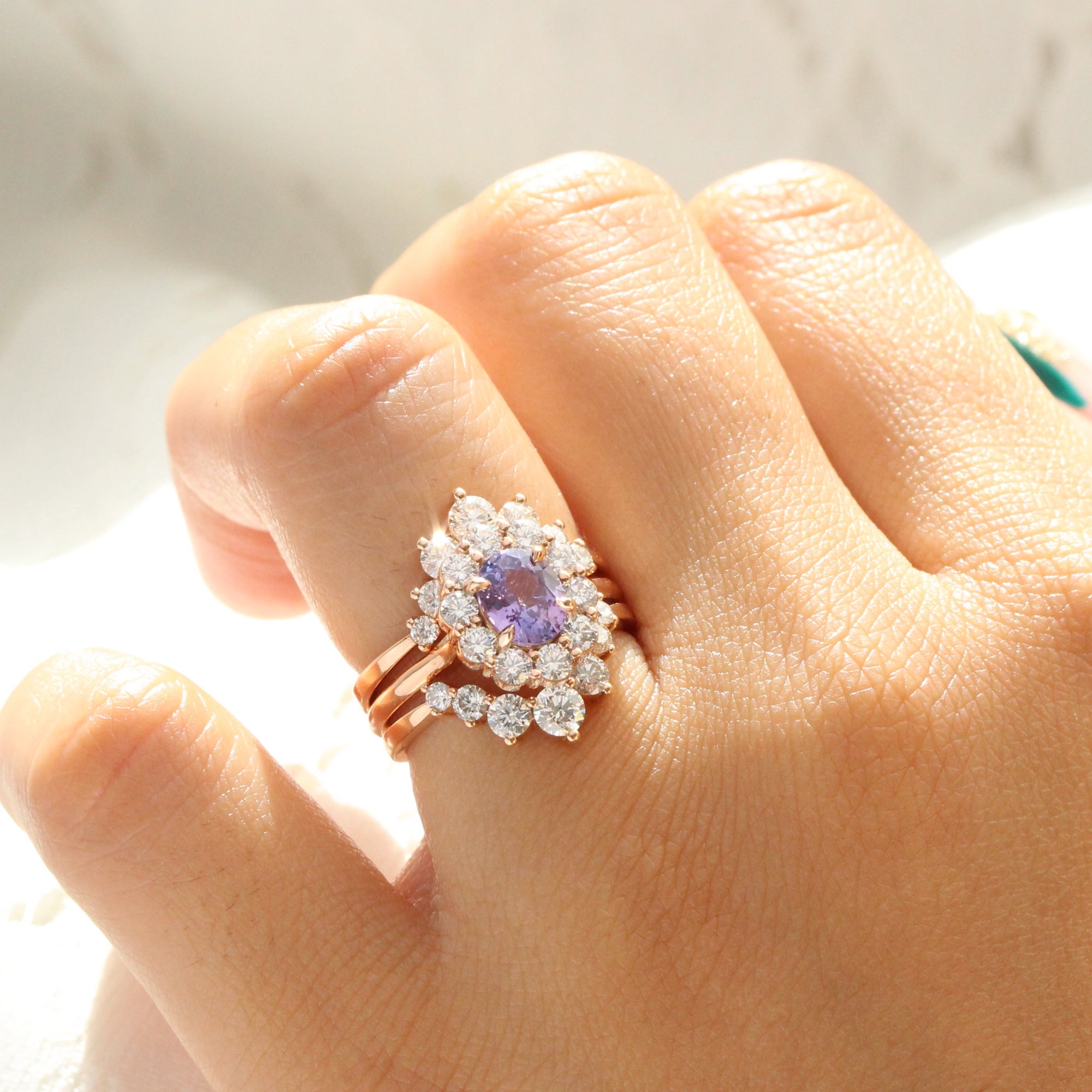 Lavender Sapphire Engagement Ring Rose Gold Halo Diamond Oval Ring