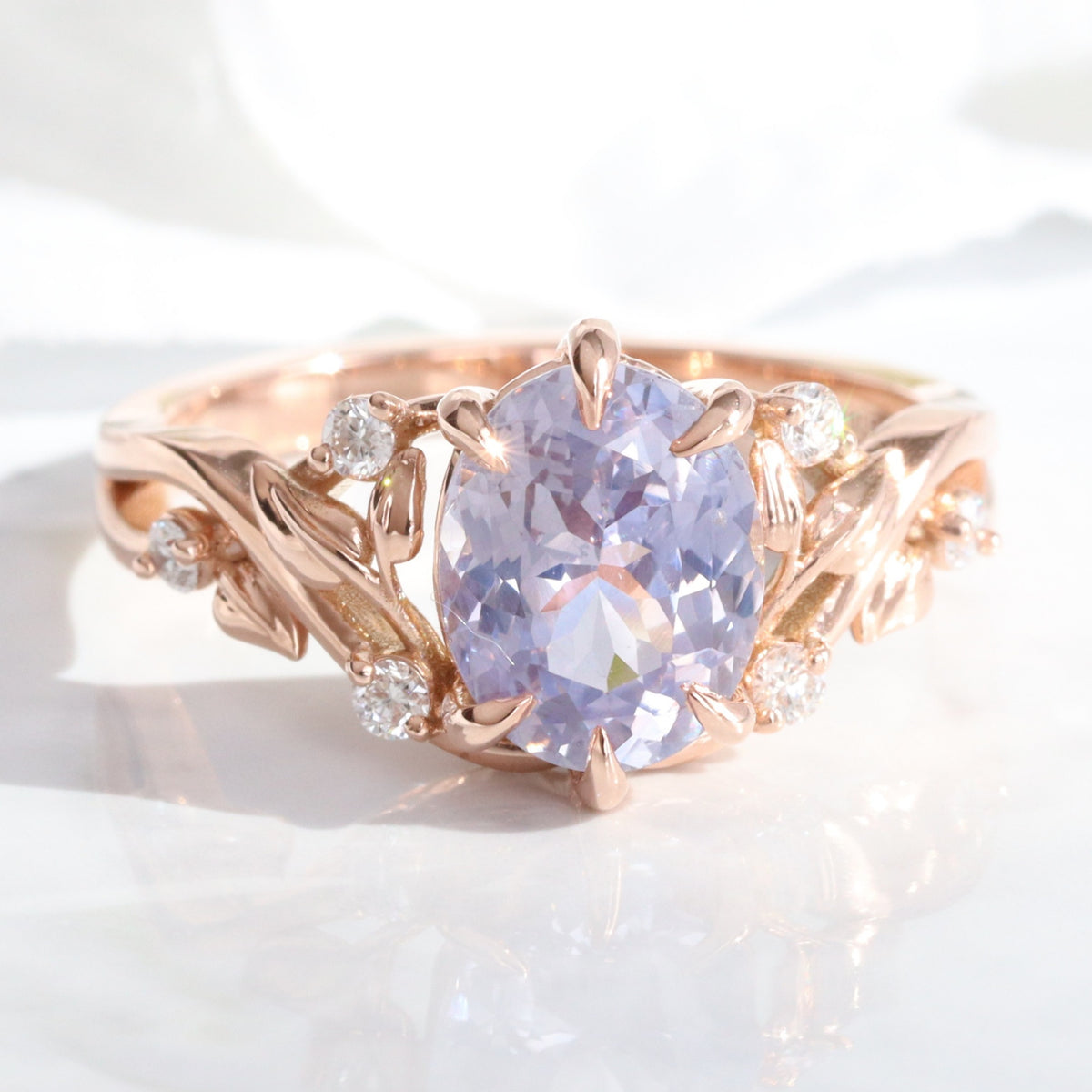 Oval lavender sapphire ring rose gold floral leaf diamond sapphire solitaire ring la more design jewelry