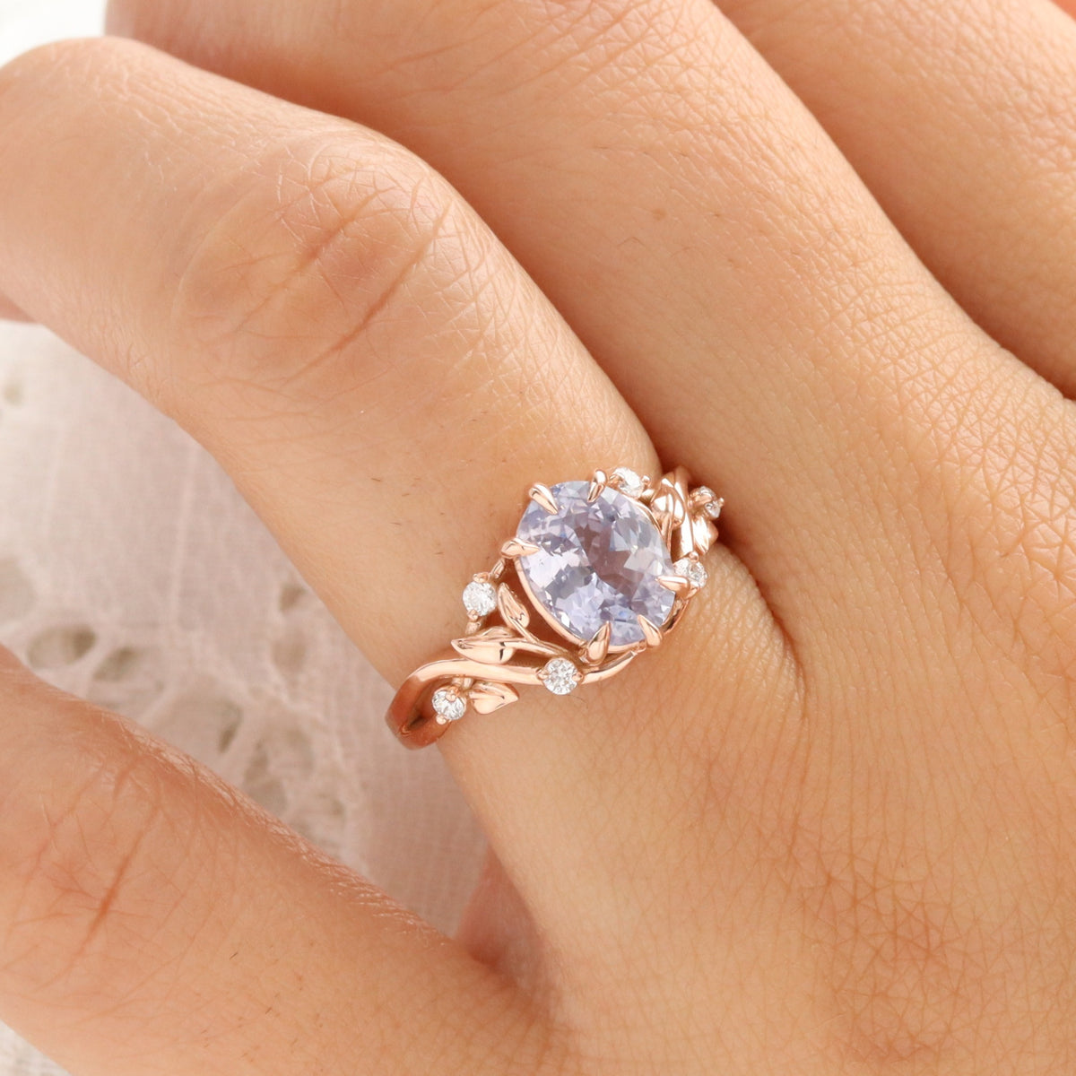 Oval lavender sapphire ring rose gold floral leaf diamond sapphire solitaire ring la more design jewelry