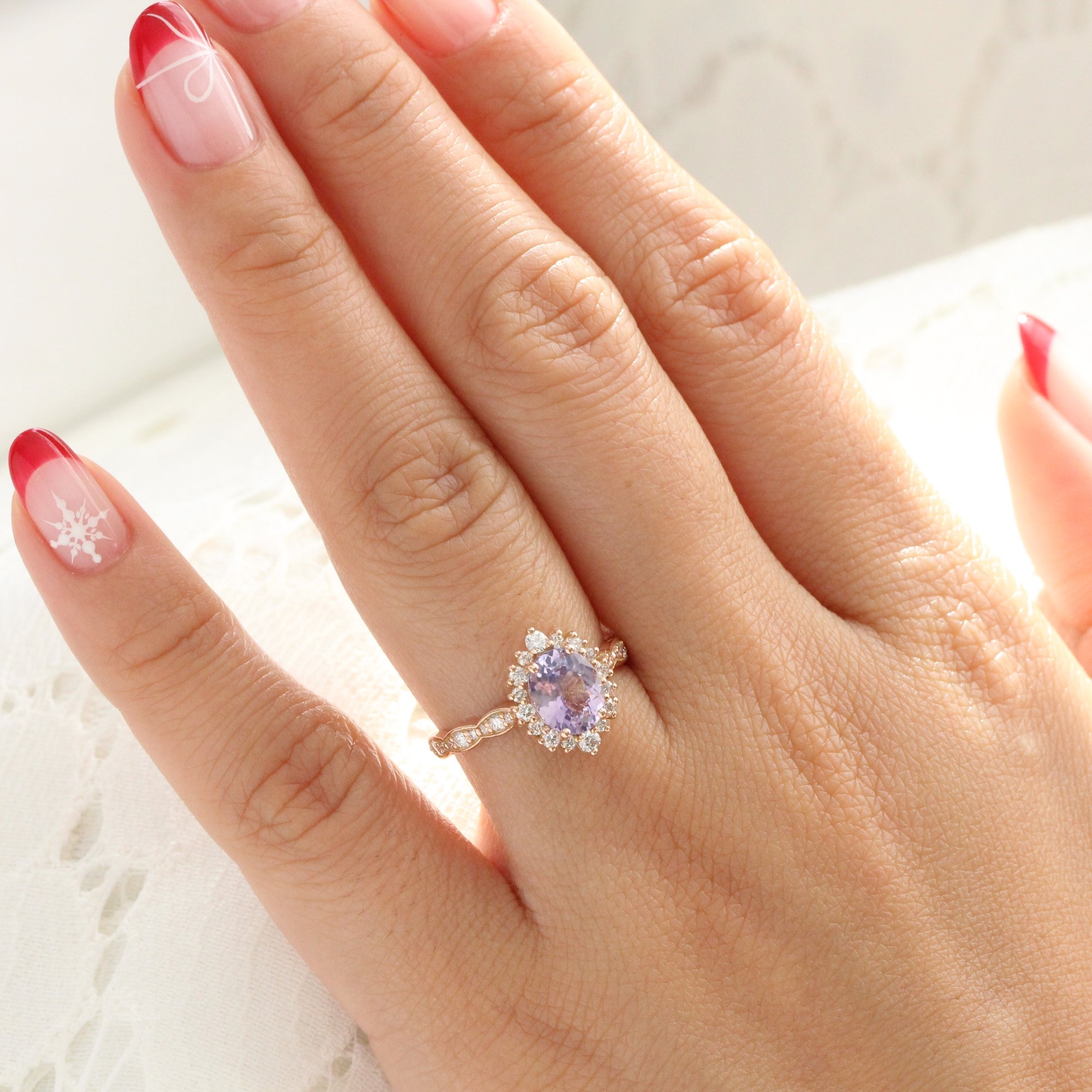 Oval lavender sapphire ring rose gold halo diamond sapphire engagement ring la more design jewelry