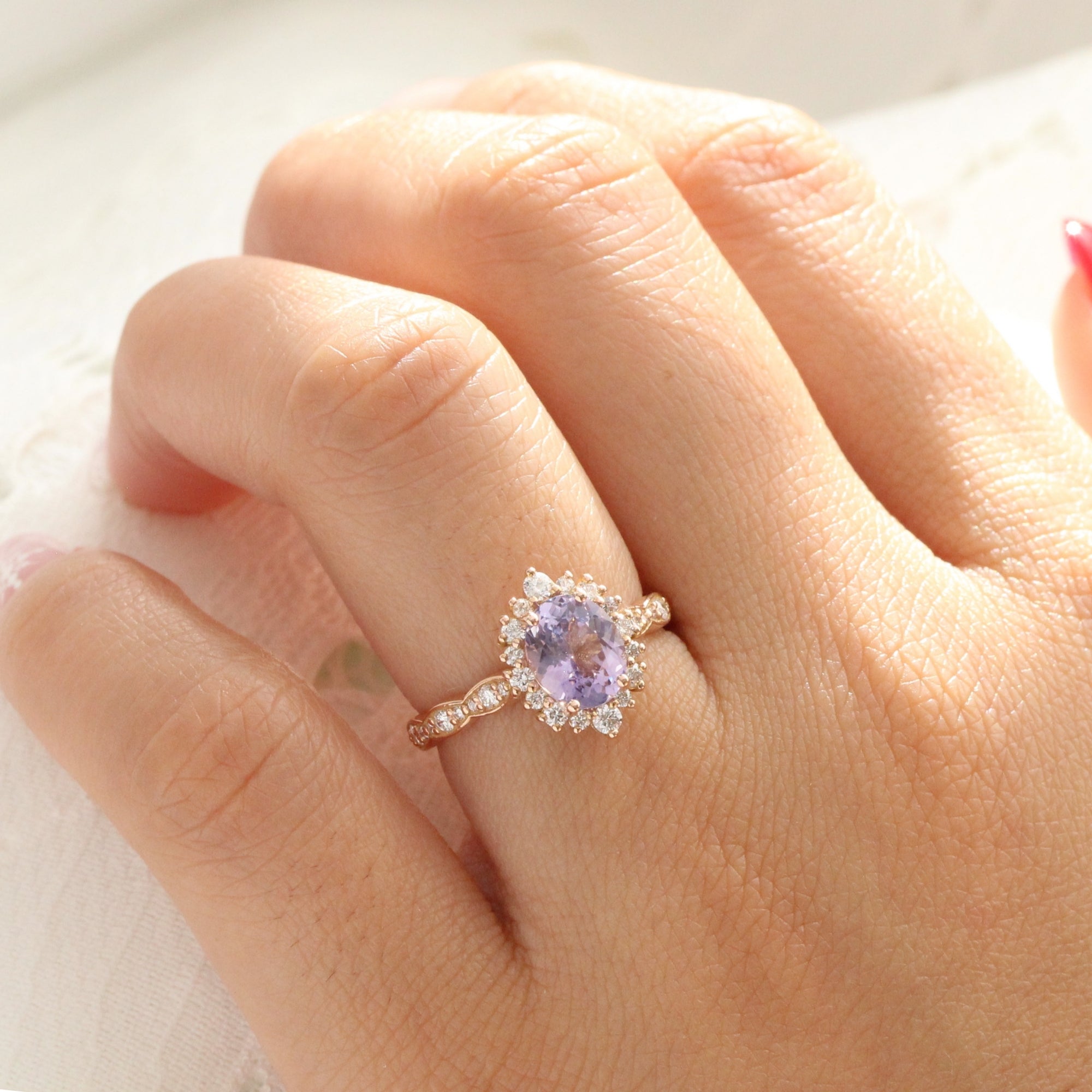 Oval lavender sapphire ring rose gold halo diamond sapphire engagement ring la more design jewelry