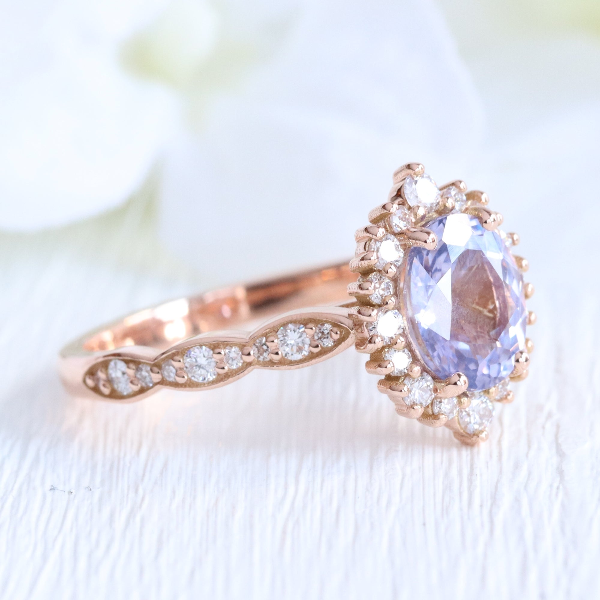 Oval lavender sapphire ring rose gold halo diamond sapphire engagement ring la more design jewelry