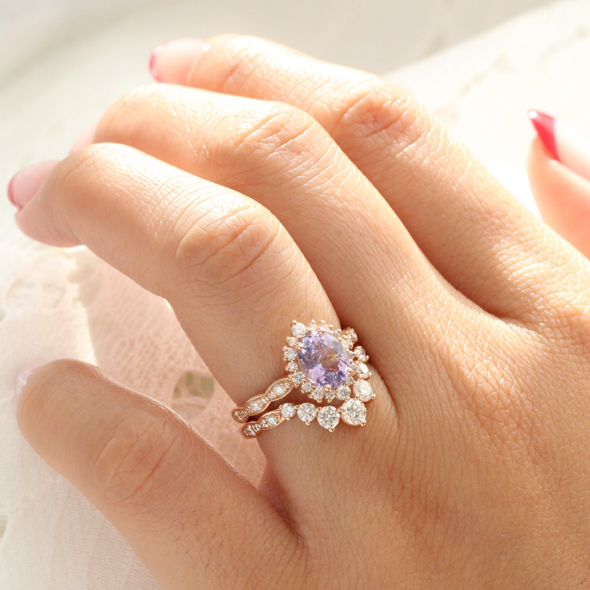 Oval lavender sapphire ring rose gold halo diamond sapphire engagement ring la more design jewelry