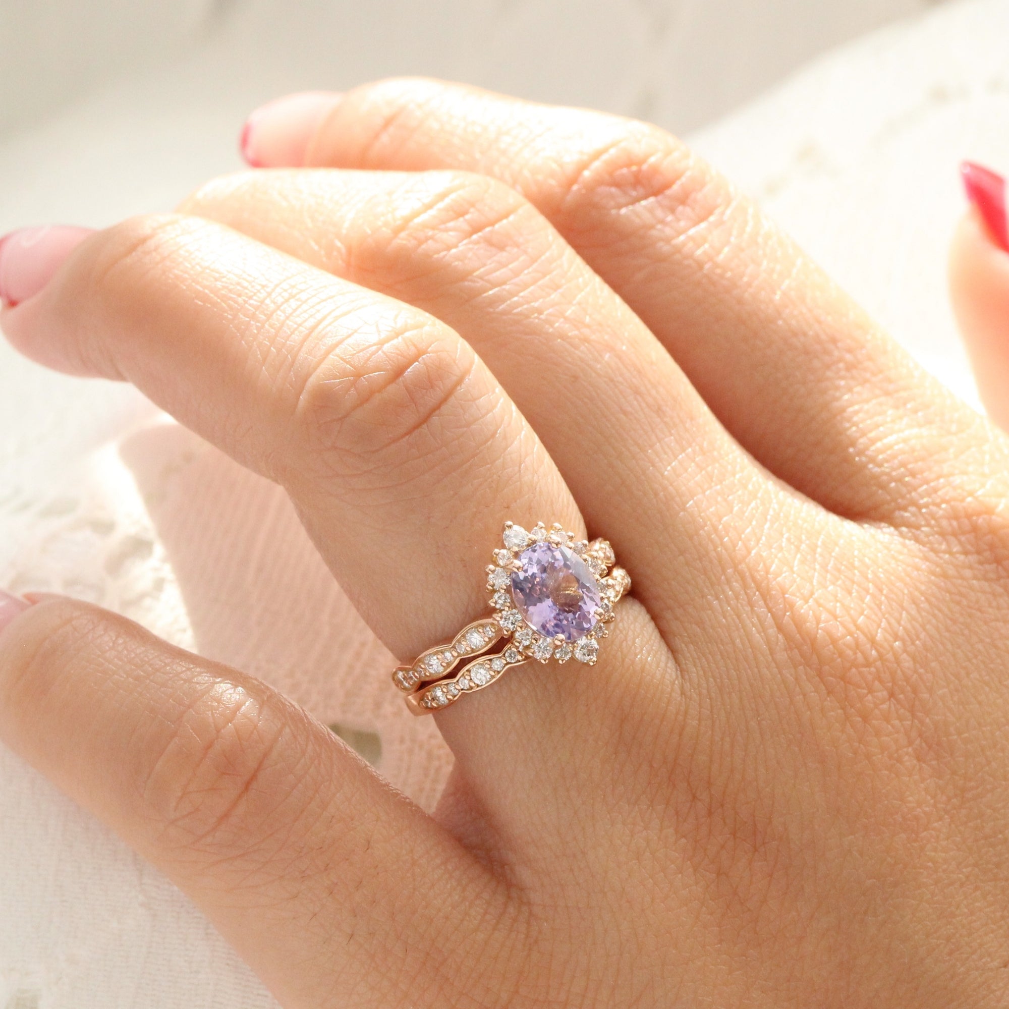 Oval lavender sapphire ring rose gold halo diamond sapphire engagement ring la more design jewelry