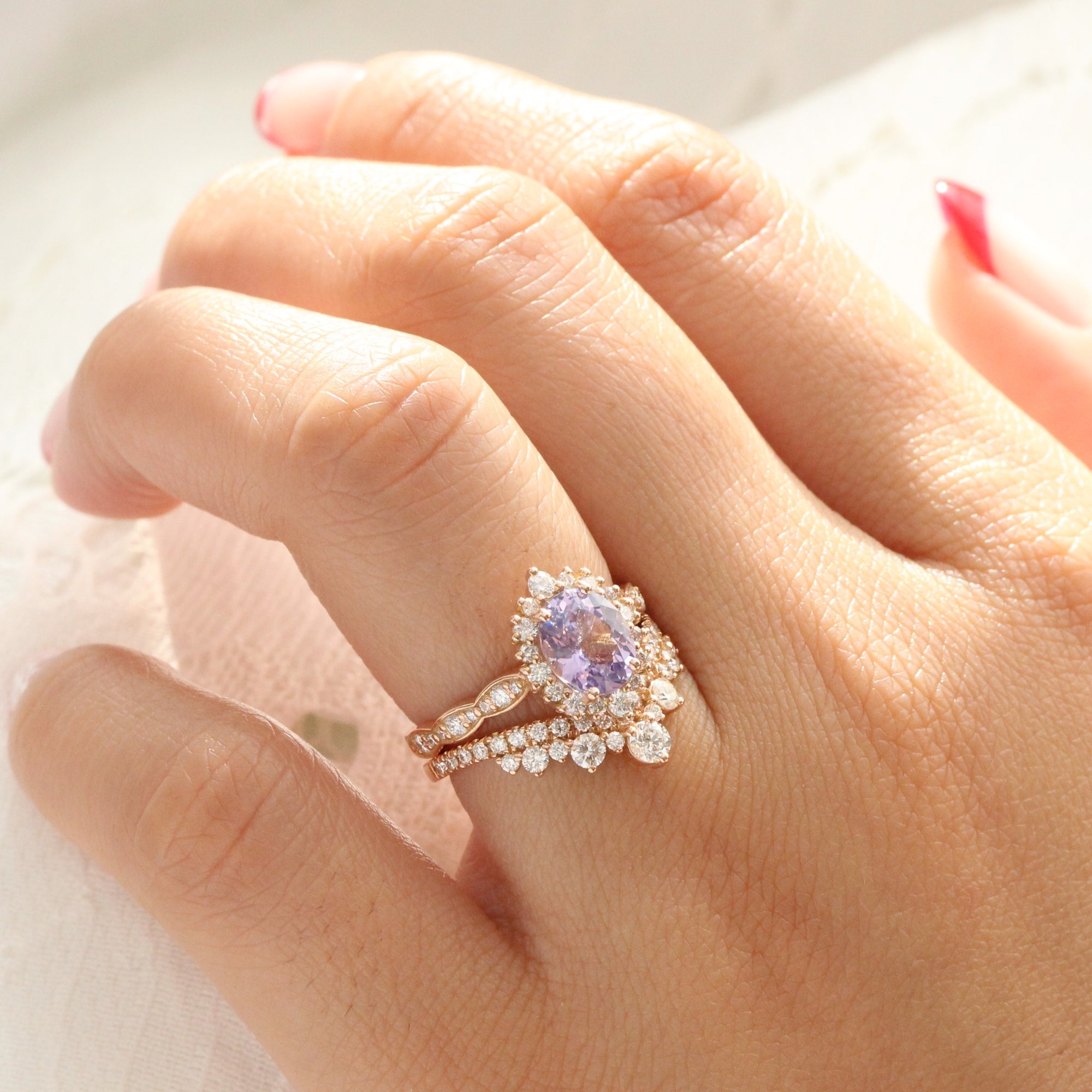 Oval lavender sapphire ring rose gold halo diamond sapphire engagement ring la more design jewelry