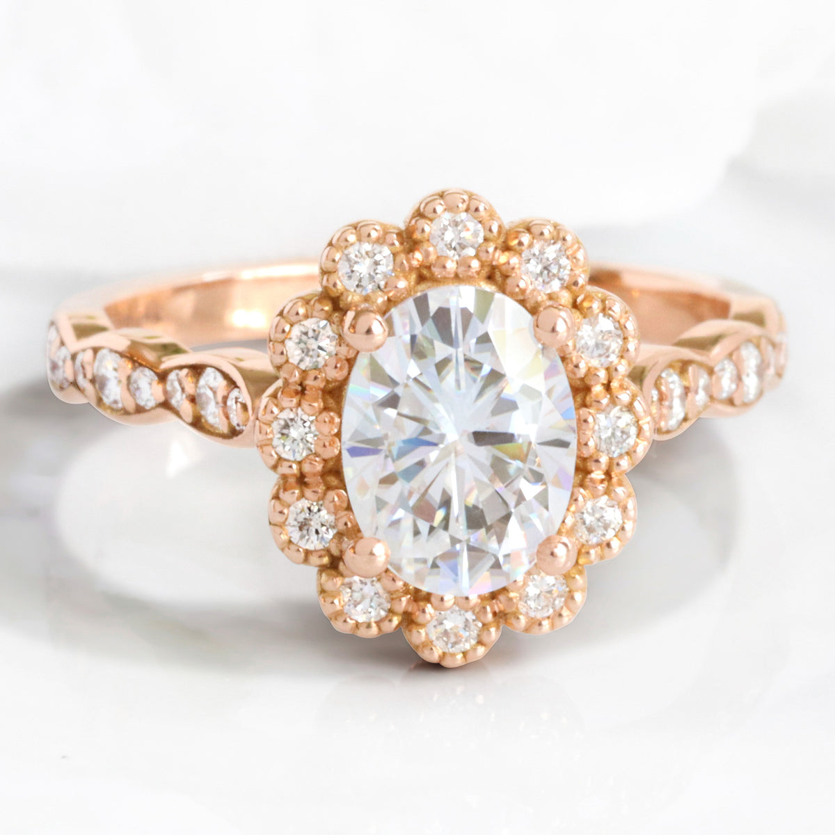 Oval moissanite engagement ring rose gold vintage halo diamond moissanite ring la more design jewelry