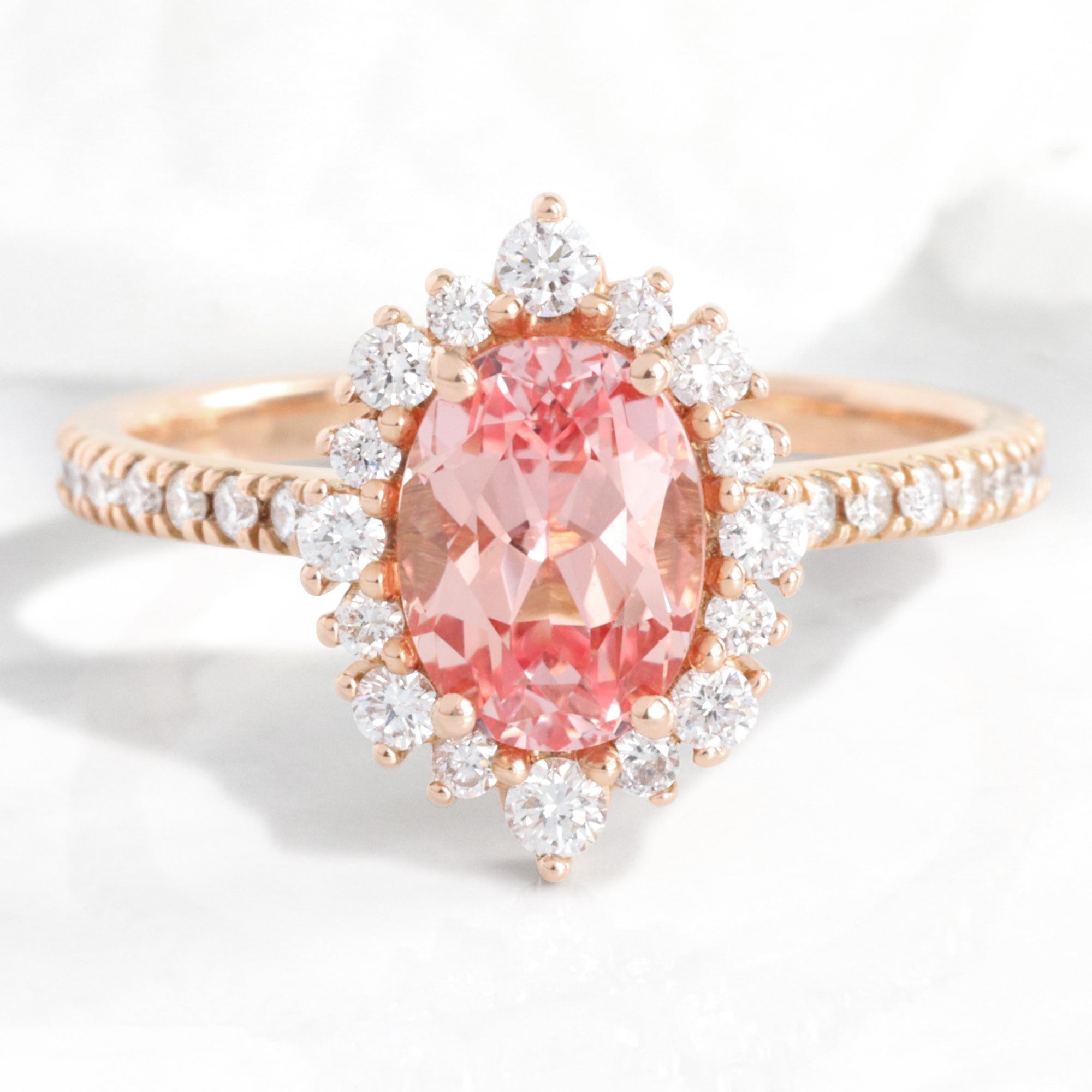 Oval peach sapphire engagement ring rose gold halo diamond pink sapphire ring La More Design Jewelry