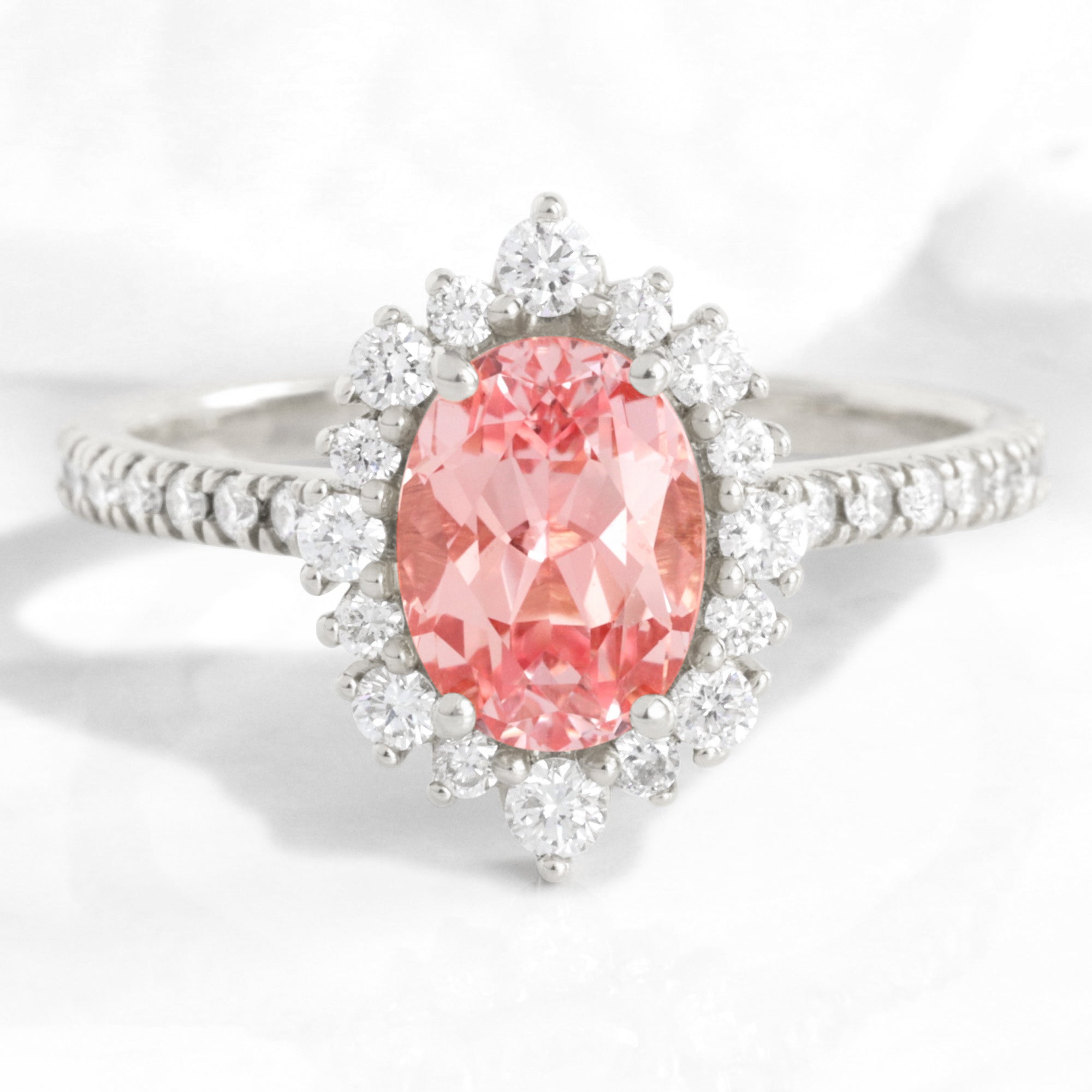 Oval peach sapphire engagement ring white gold halo diamond pink sapphire ring La More Design Jewelry