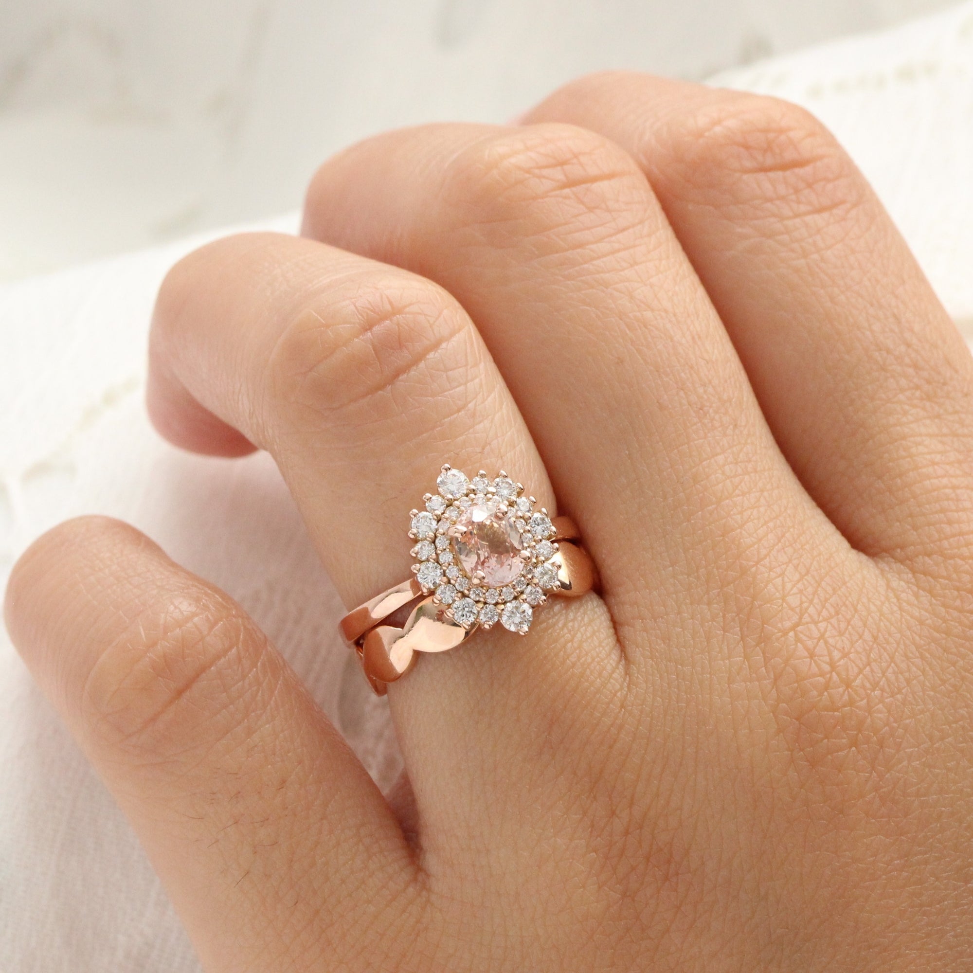 Oval pink peach sapphire ring rose gold double halo diamond engagement ring la more design jewelry