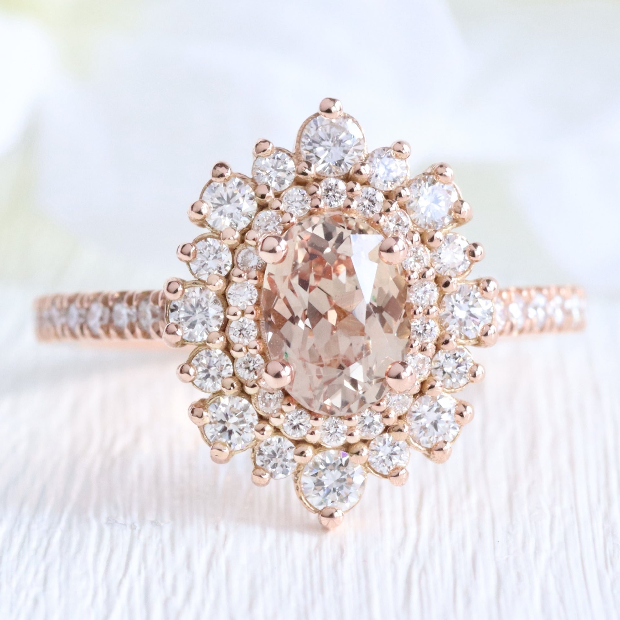 Oval peach sapphire pave ring rose gold double halo diamond engagement ring la more design jewelry