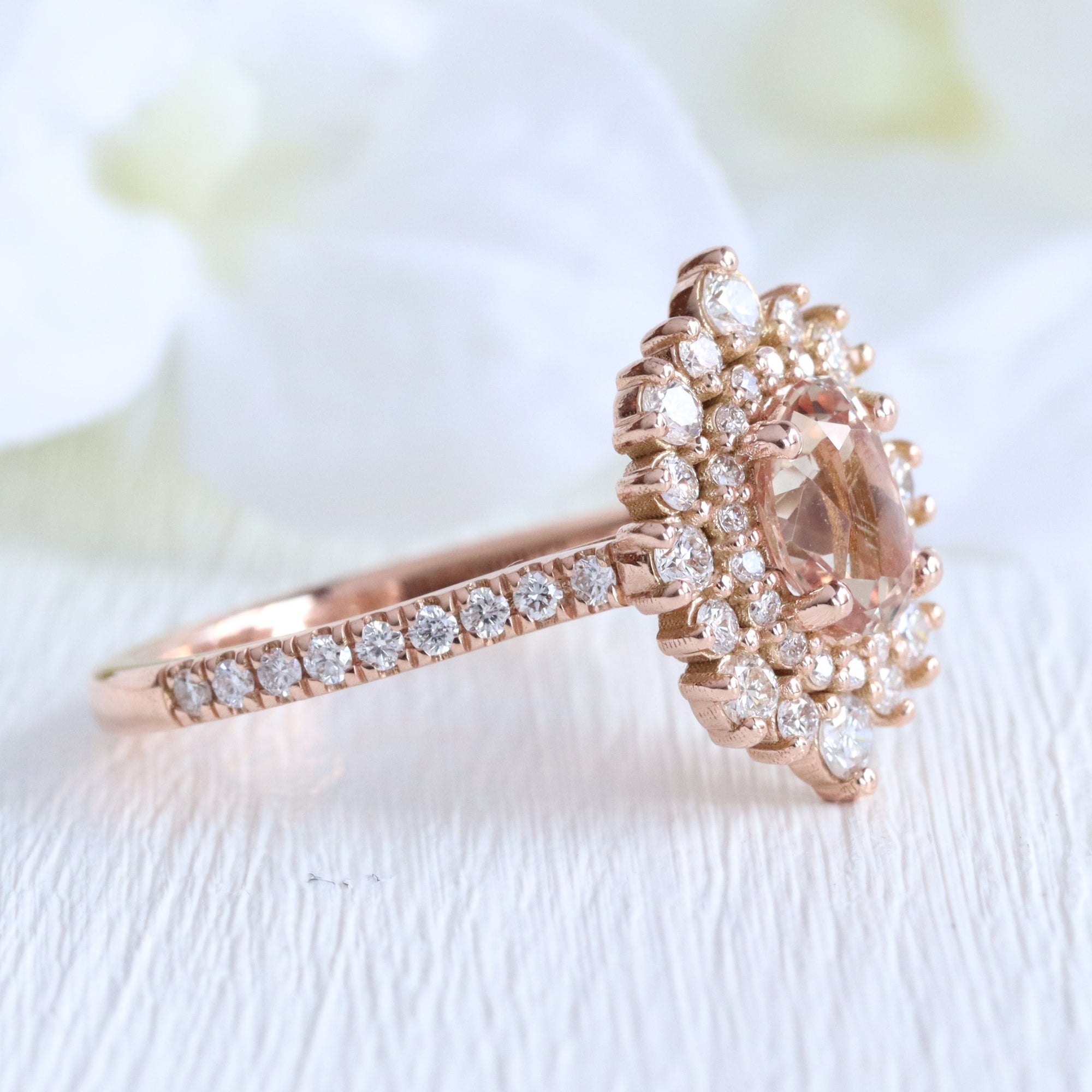 Oval peach sapphire pave ring rose gold double halo diamond engagement ring la more design jewelry