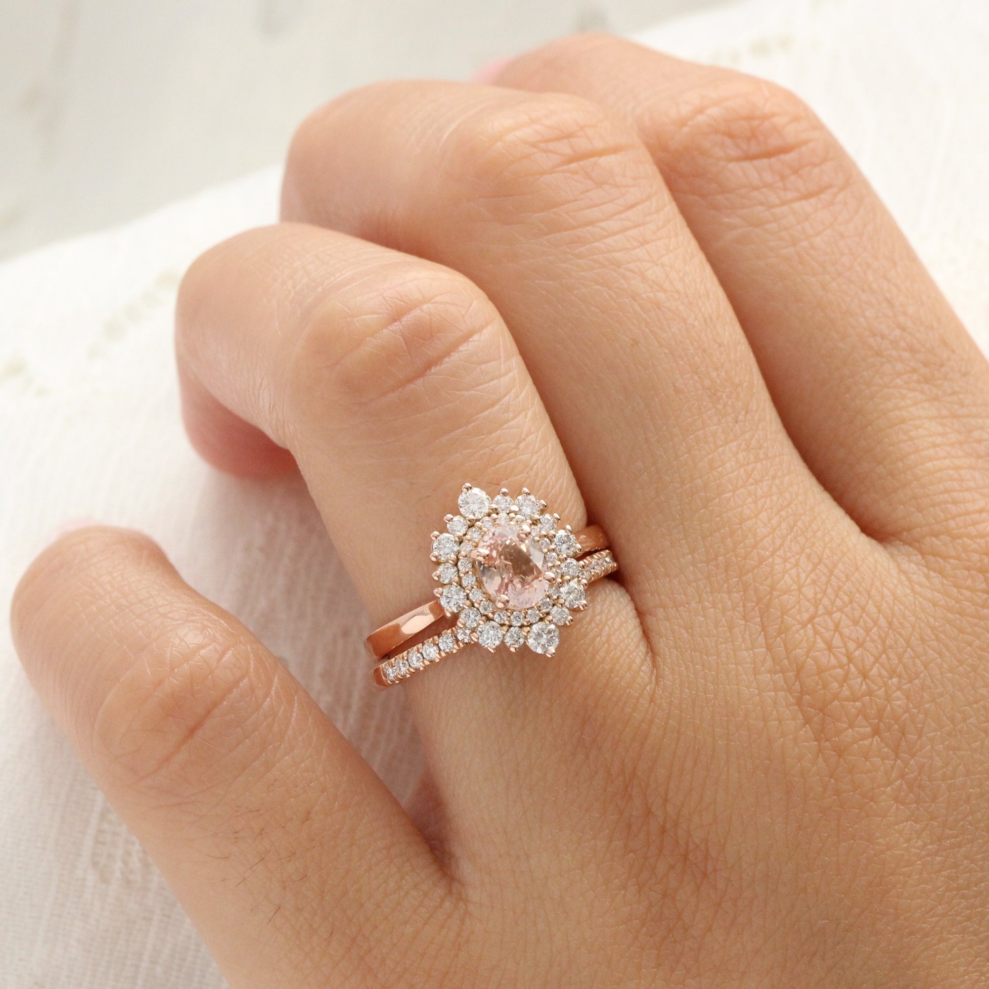 Oval pink peach sapphire ring rose gold double halo diamond engagement ring la more design jewelry